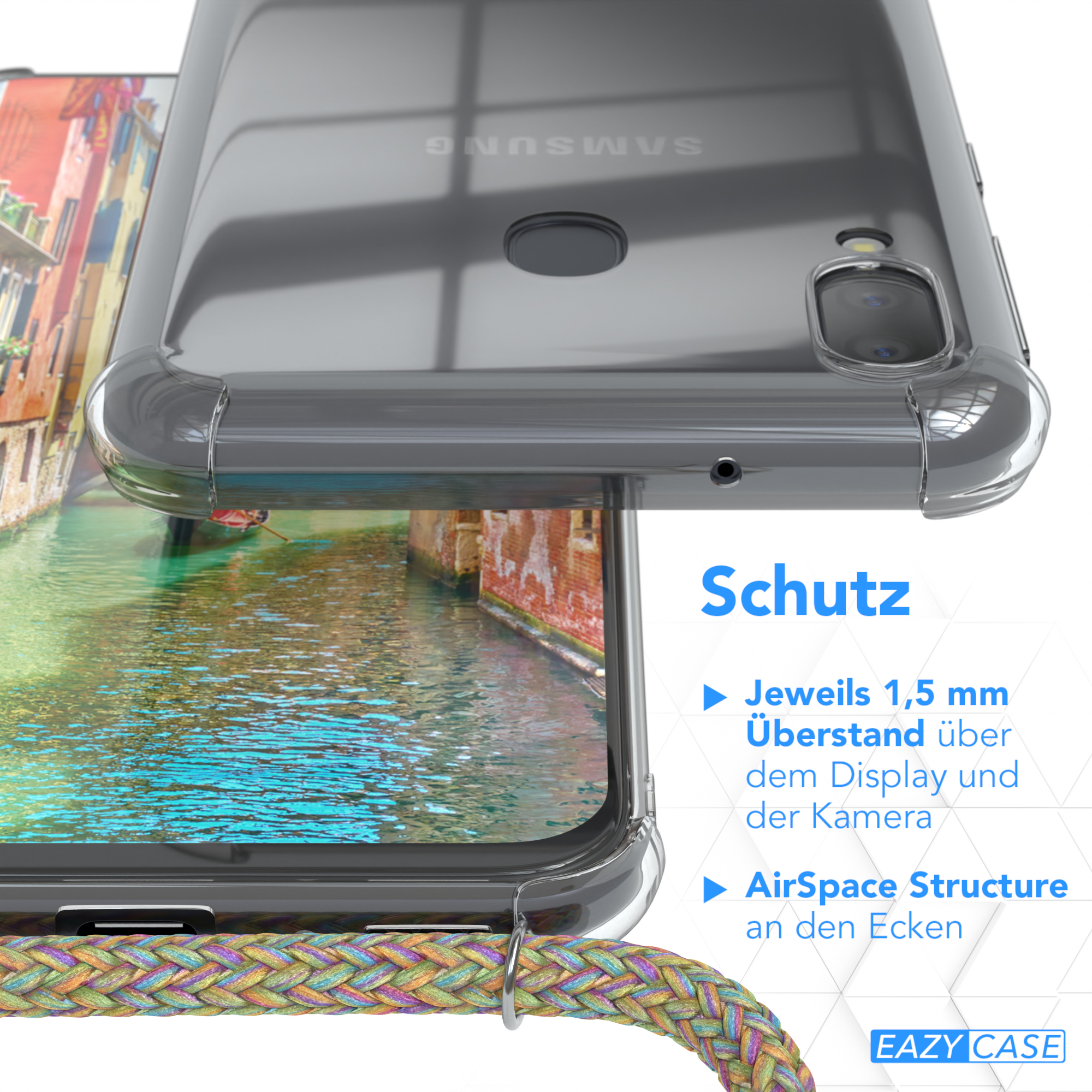 Bunt Galaxy M20, CASE Samsung, Cover / Clips mit Umhängetasche, Umhängeband, EAZY Clear Gold