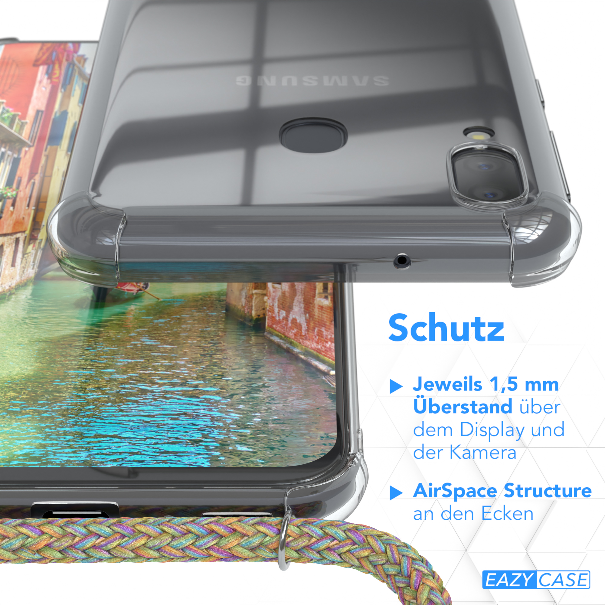 Nahaufnahme einer Handyhülle. Sie zeigt eine Handyhülle mit einem Telefon darin, wobei die Kanten hervorgehoben werden.