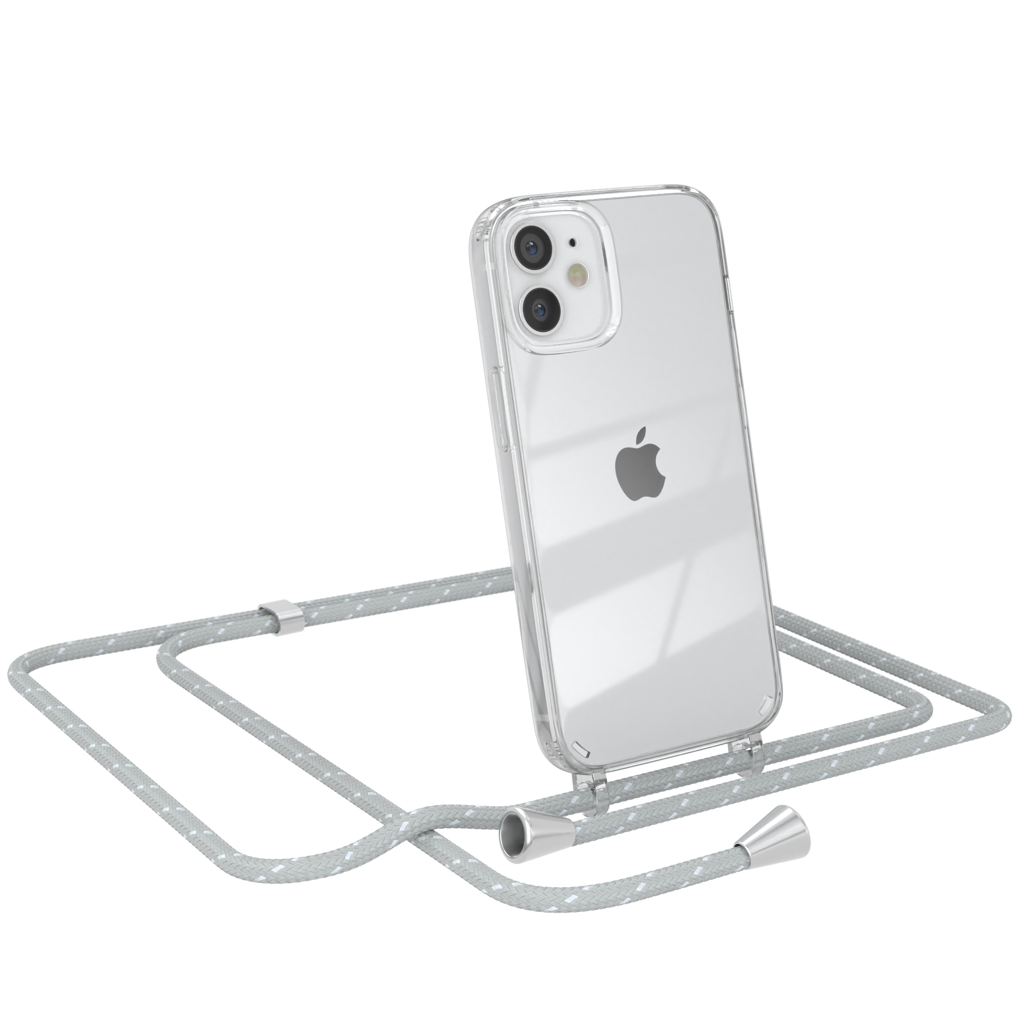 Transparente Handyhülle mit grauem Kordelband. Silbernes Handy mit Apple Logo.