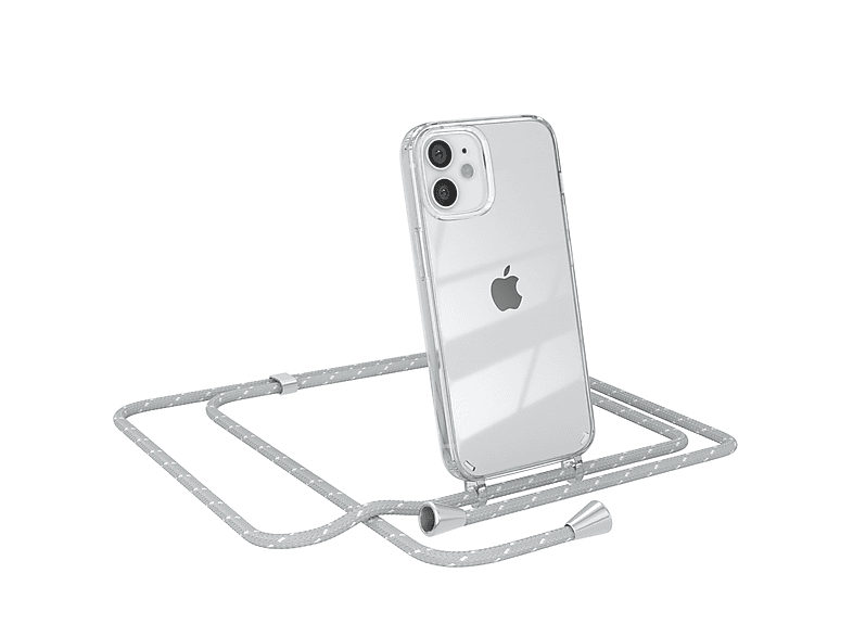 EAZY CASE Clear Cover mit Umhängeband, Umhängetasche, Apple, iPhone 12 Mini, Hellgrau Weiß