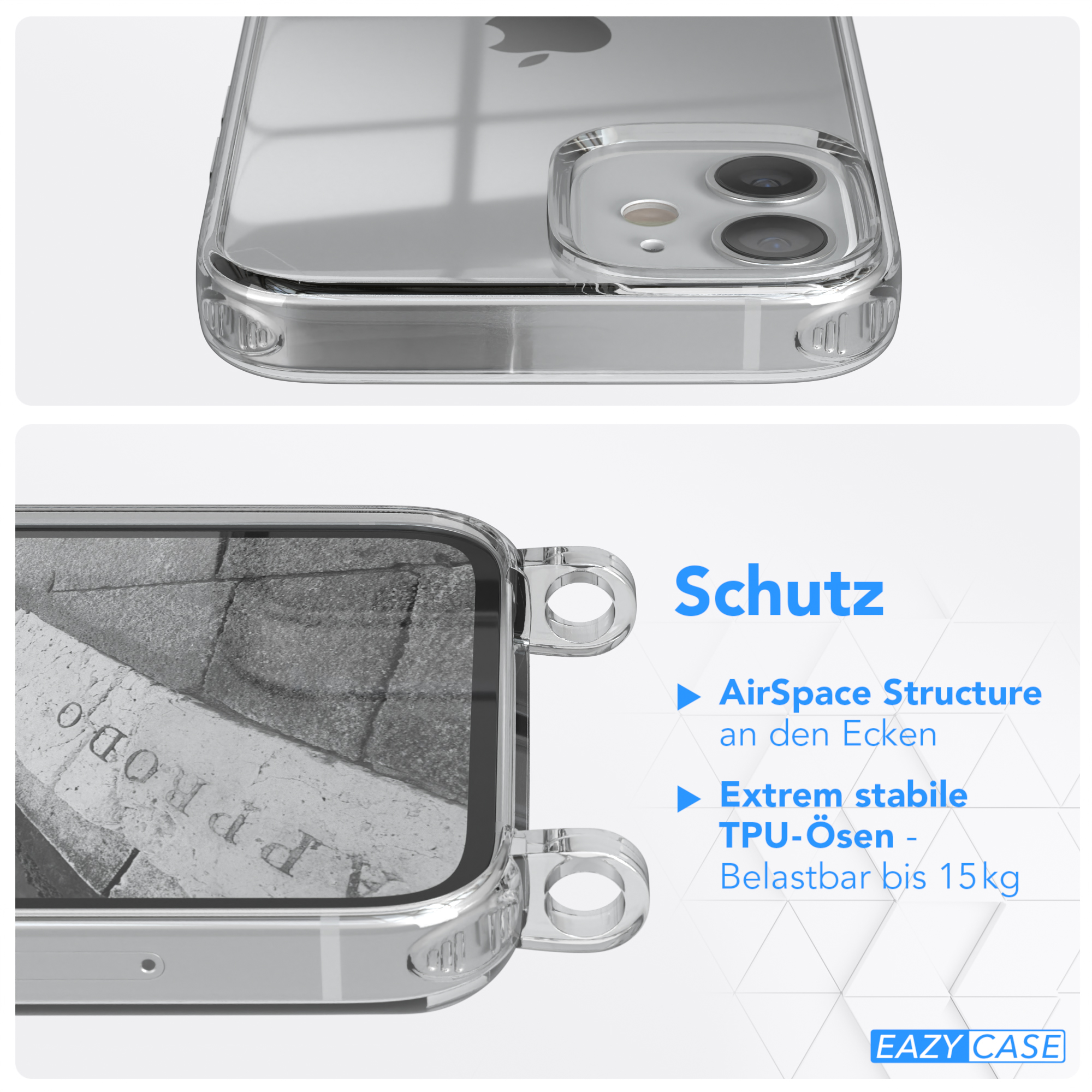Nahaufnahme einer durchsichtigen Handyhülle mit Kamera und Kanten, mit Schutzdetails.