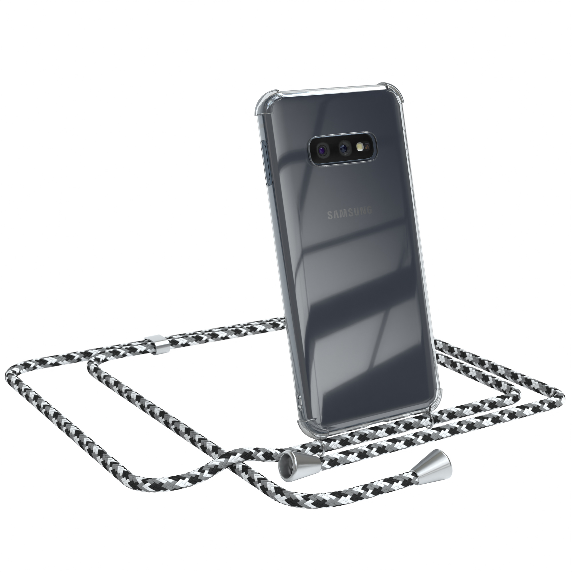 Transparente Handyhülle mit schwarz-weißem Band. Samsung-Logo sichtbar. Weißer Hintergrund.