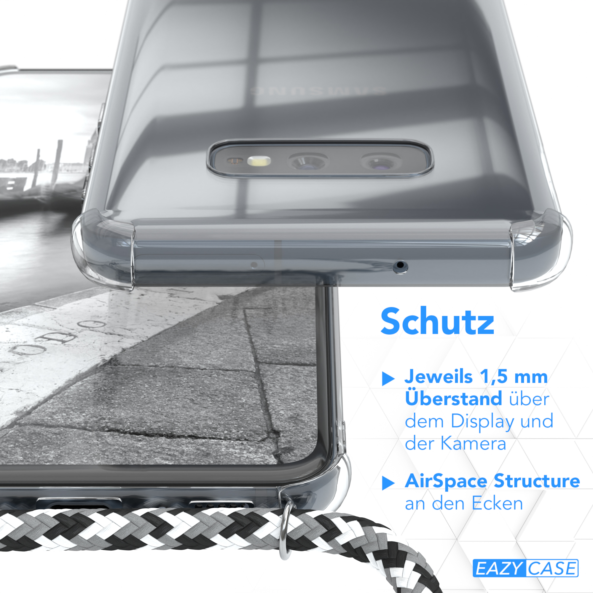 Transparente Handyhülle mit Band unten. Der Hintergrund ist eine Nahaufnahme einer Stadtlandschaft.