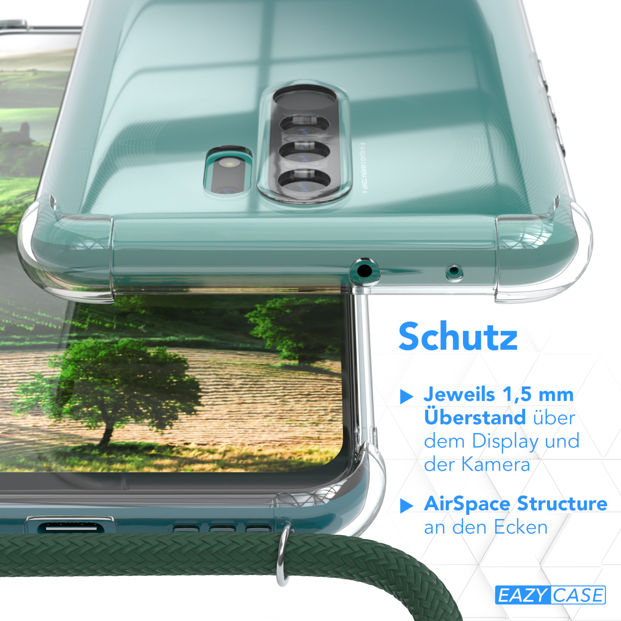 Transparente Handyhülle mit Text. Handyhülle mit grünlichem Hintergrund.
