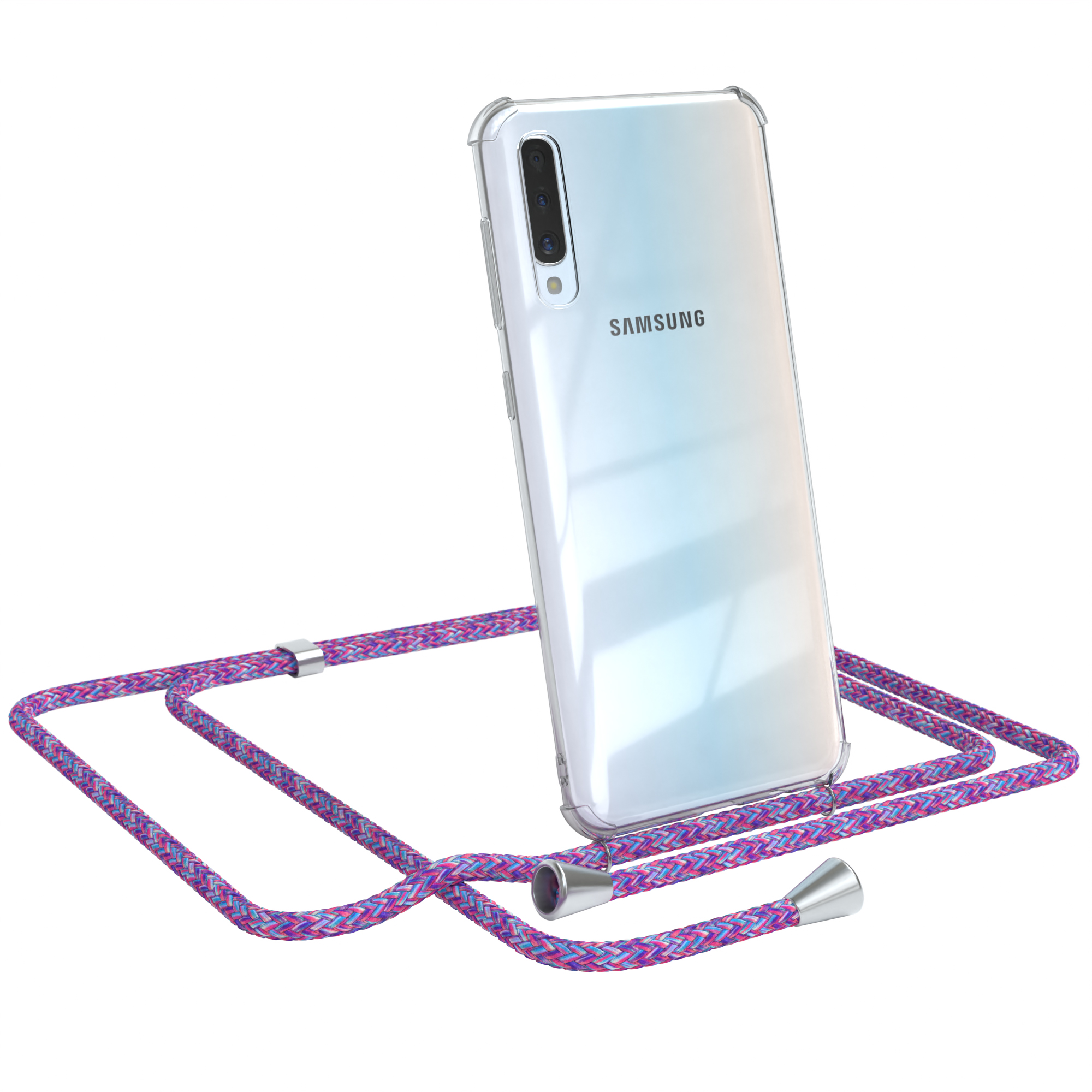 Telefon in klarer Hülle mit lila und blauem Lanyard. Weißer Hintergrund.