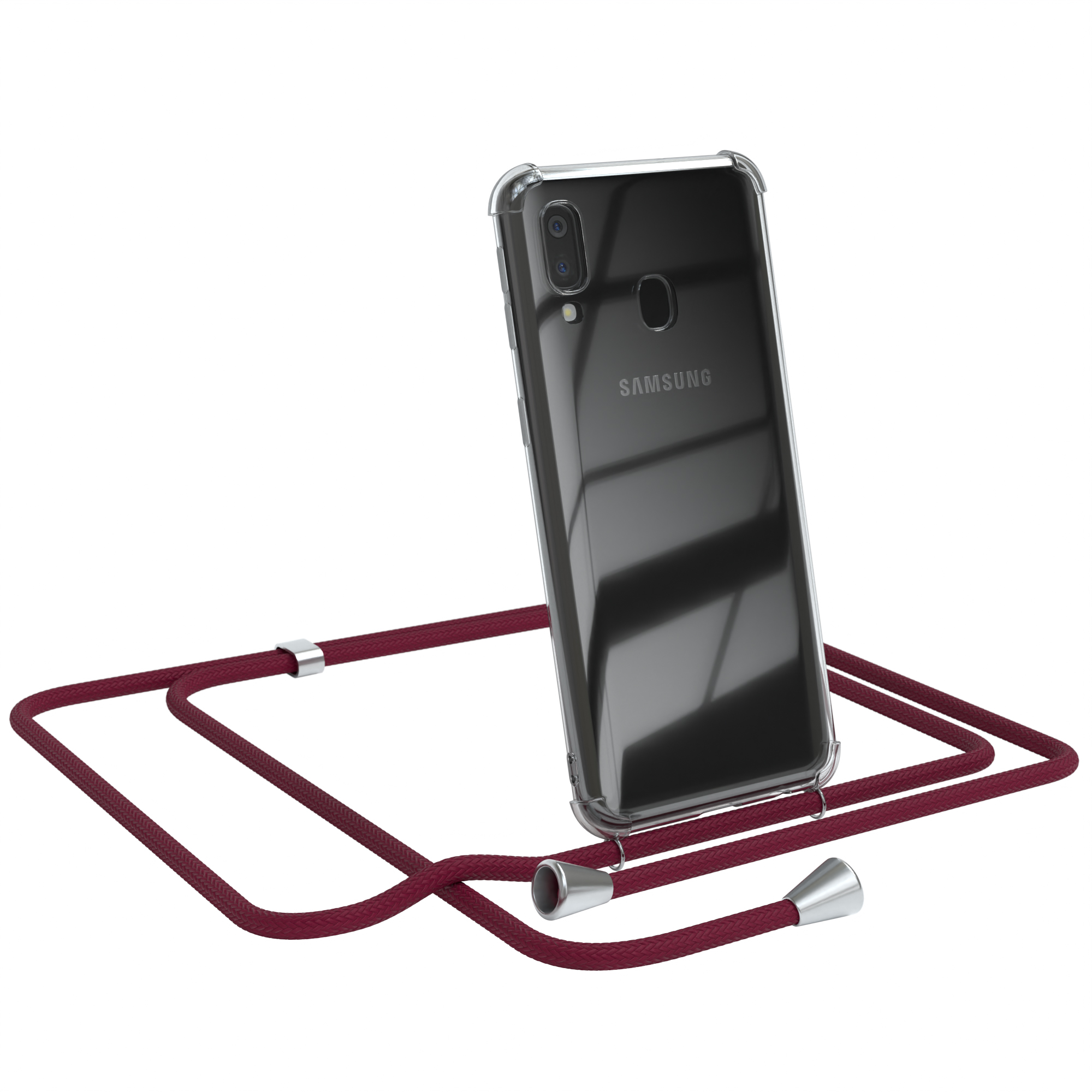 Transparente Handyhülle mit weinrotem Kabel. In der Hülle befindet sich ein Samsung-Handy. Telefon ist abgewinkelt.