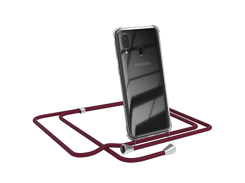 EAZY CASE Clear Cover mit Umhängeband, Umhängetasche, Samsung, Galaxy A40, Bordeaux Rot / Clips Silber