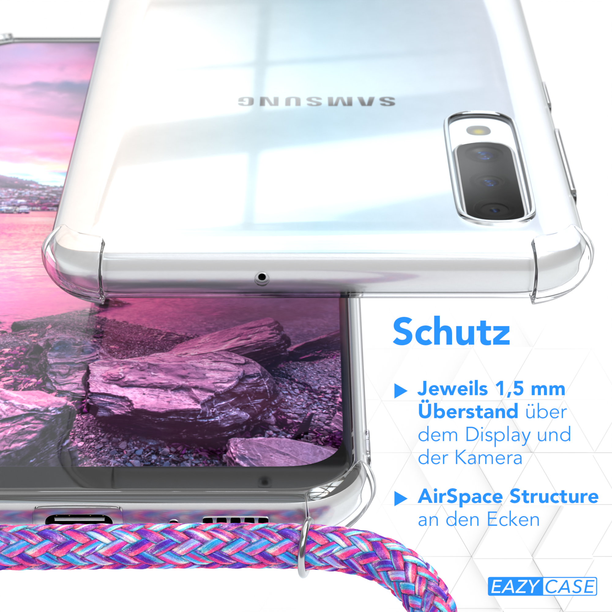 Transparente Handyhülle mit farbigem Kordel, auf weißem Hintergrund.