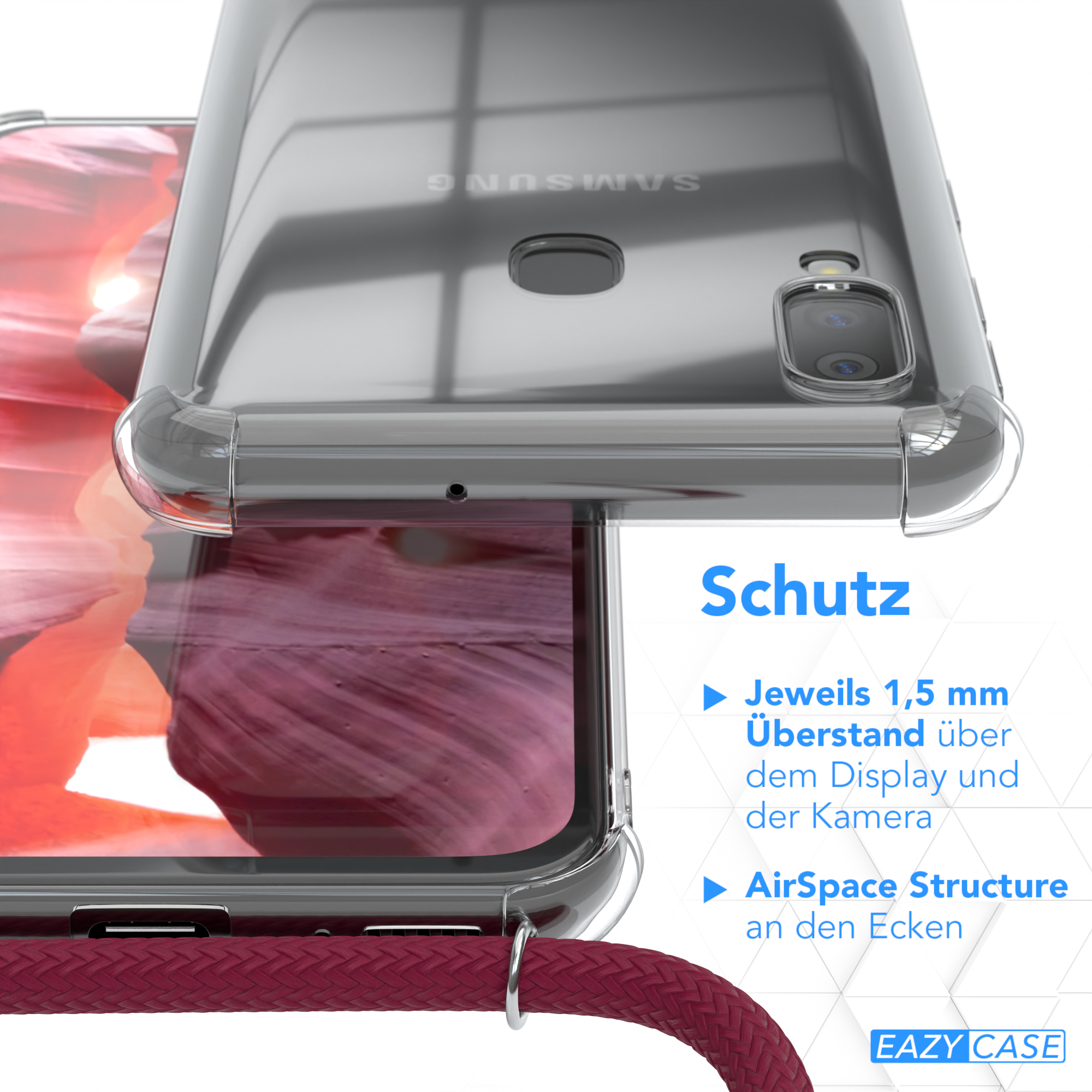 Transparente Handyhülle auf einem Handy. Text auf Deutsch beschreibt Funktionen. Ein roter Gurt ist verbunden.