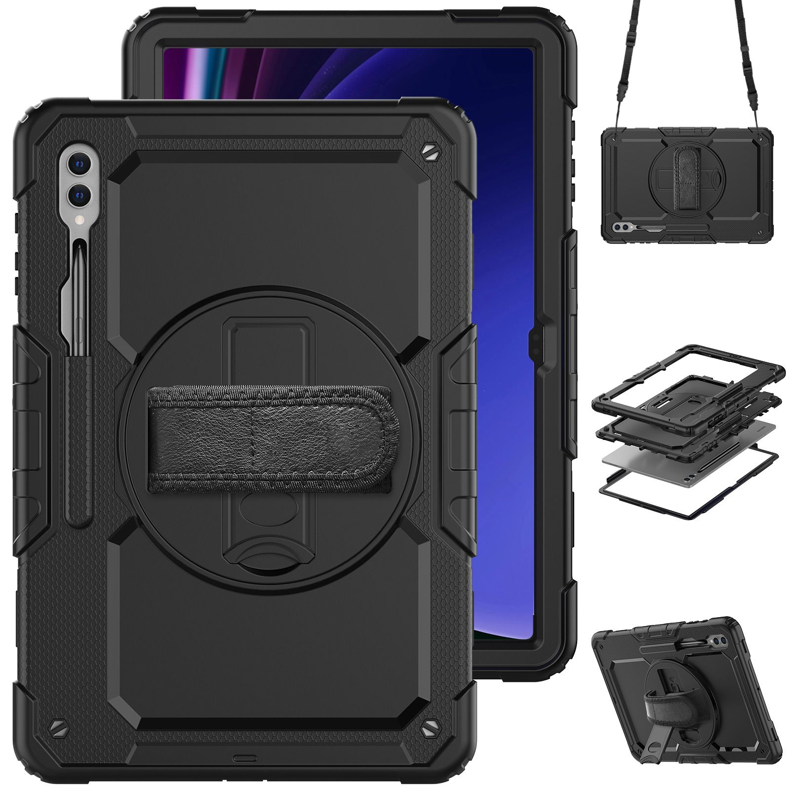 Eine schwarze Tablettasche mit Handschlaufe. Es werden mehrere Ansichten des Tablets und der Hülle gezeigt.