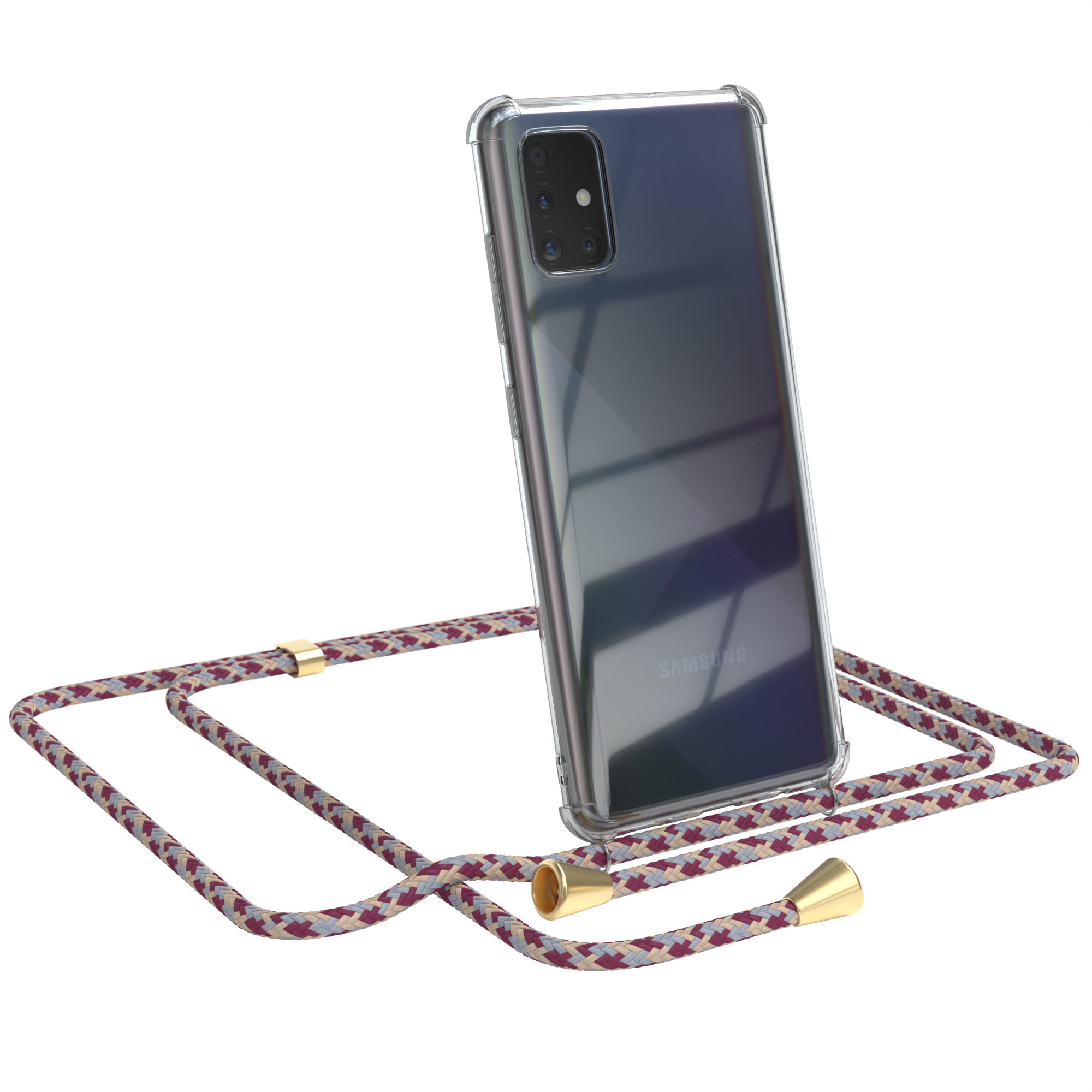 Telefon in klarer Hülle mit gemustertem Band. Samsung-Logo sichtbar.