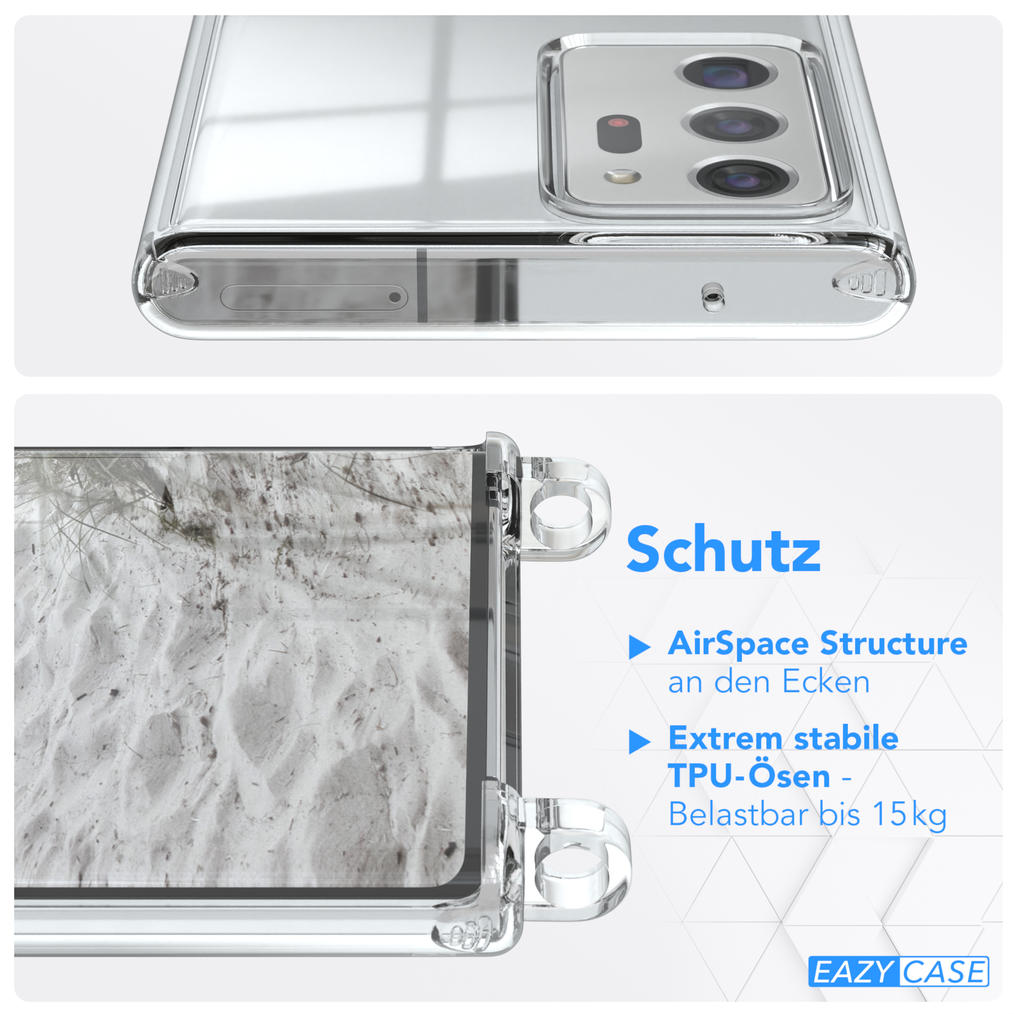 Nahaufnahme einer Handyhülle. Details des Designs, einschliesslich der Seiten und der Rückseite, werden gezeigt.
