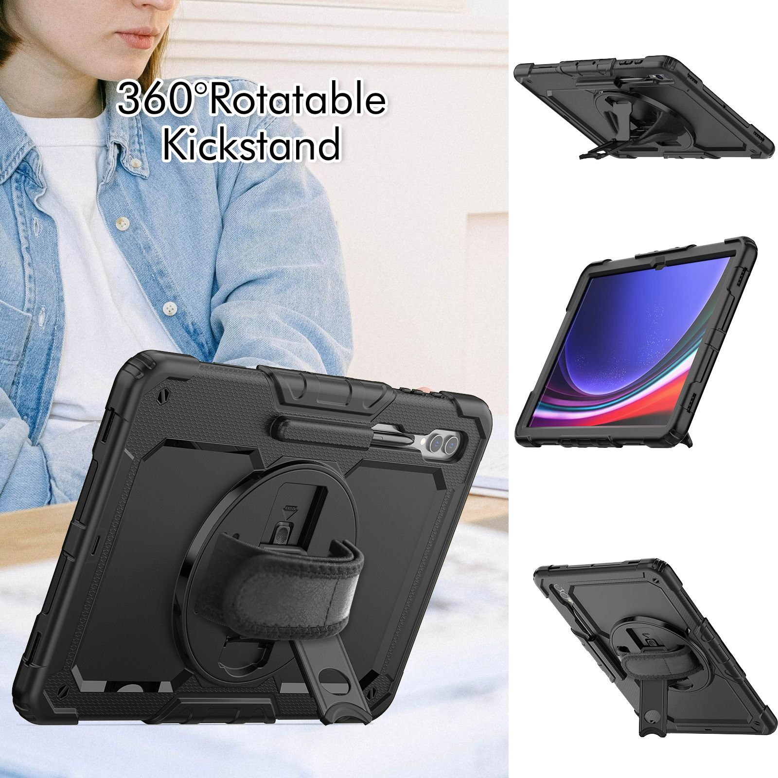 Tablet-Hülle mit Ständer, verschiedene Winkel gezeigt, und Stifthalter.