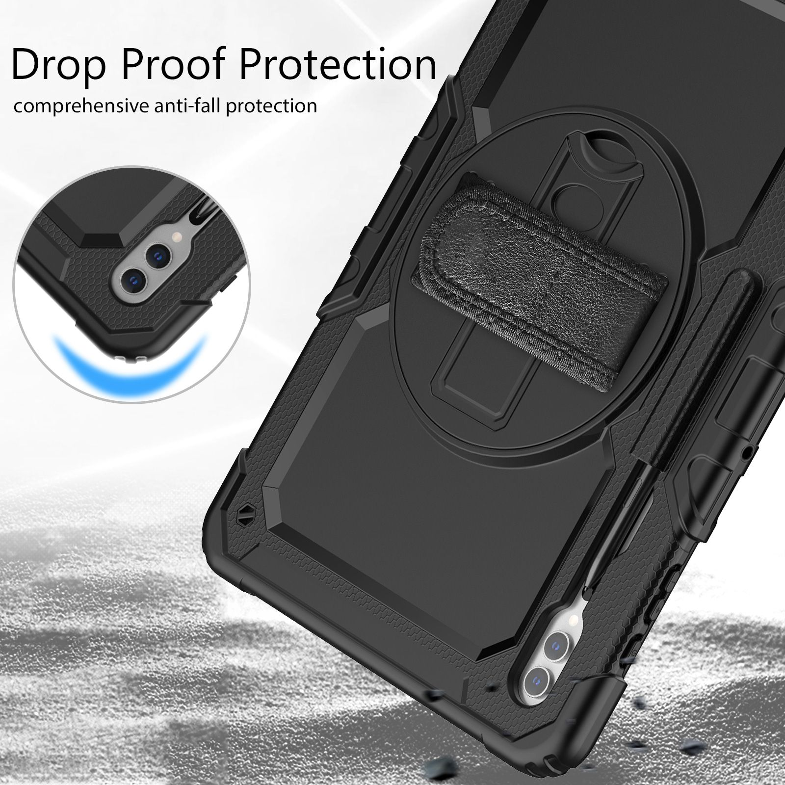 Eine schwarze Handyhülle mit Handschlaufe und Kameraausschnitten. Text: Drop Proof Protection.