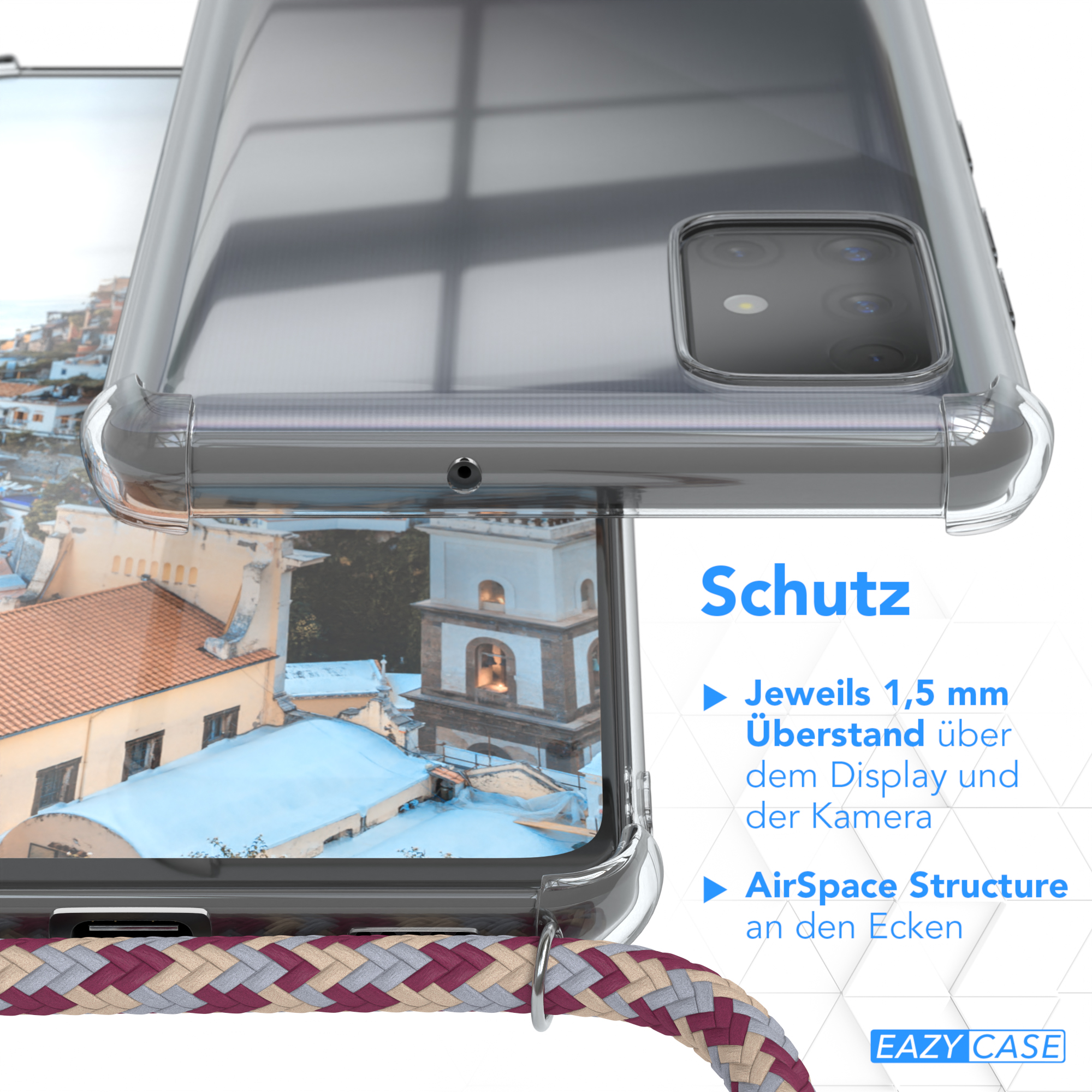 Nahaufnahme einer Handyhülle. Text: Schutz. Text: EAZY CASE. Mit einem weißen Gurt.
