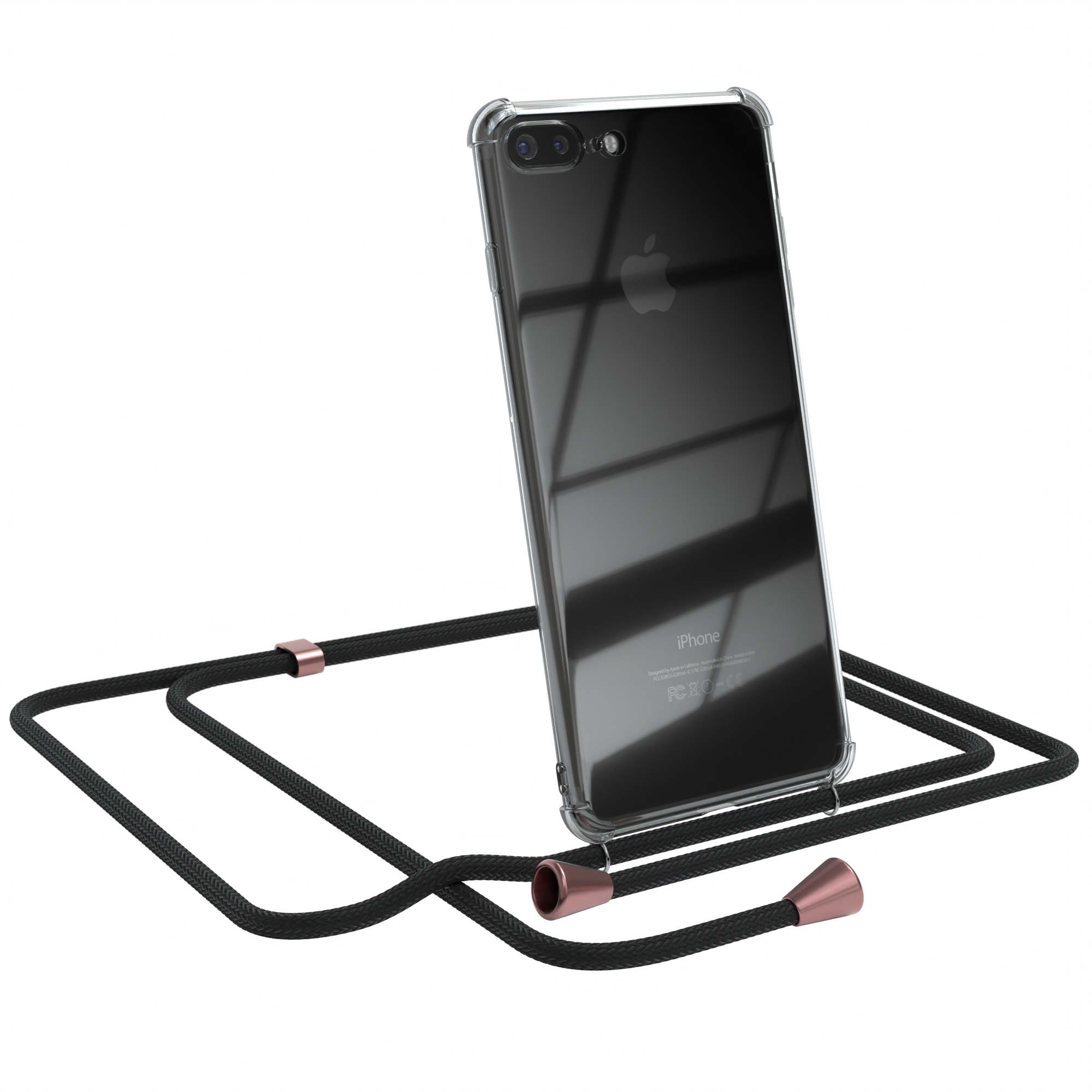 Transparente iPhone-Hülle mit Band. Apple-Logo sichtbar. Der Riemen hat roségoldfarbene Akzente.