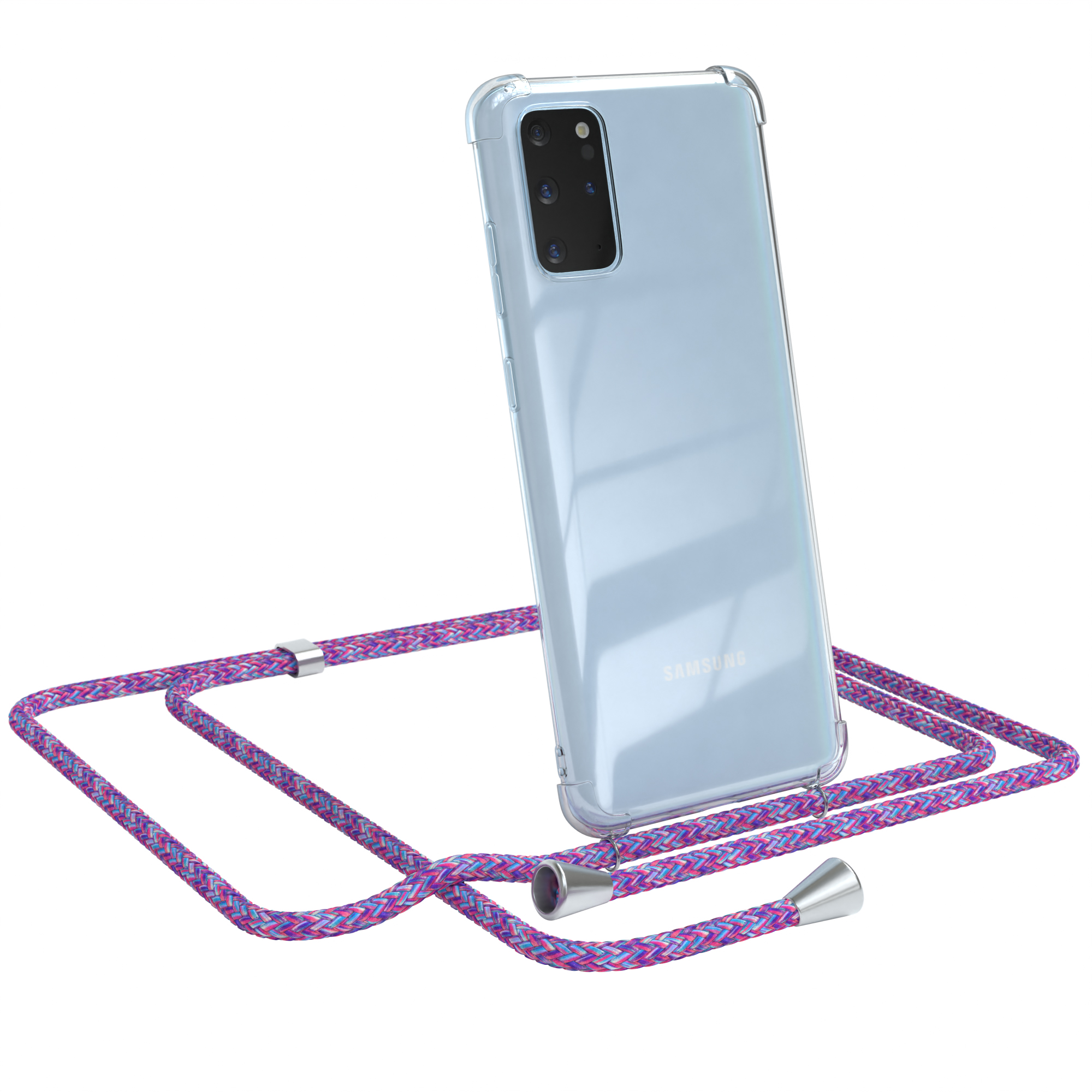 Eine transparente Handyhülle mit lila und rosa Umhängeband. Samsung-Telefon ist drin.