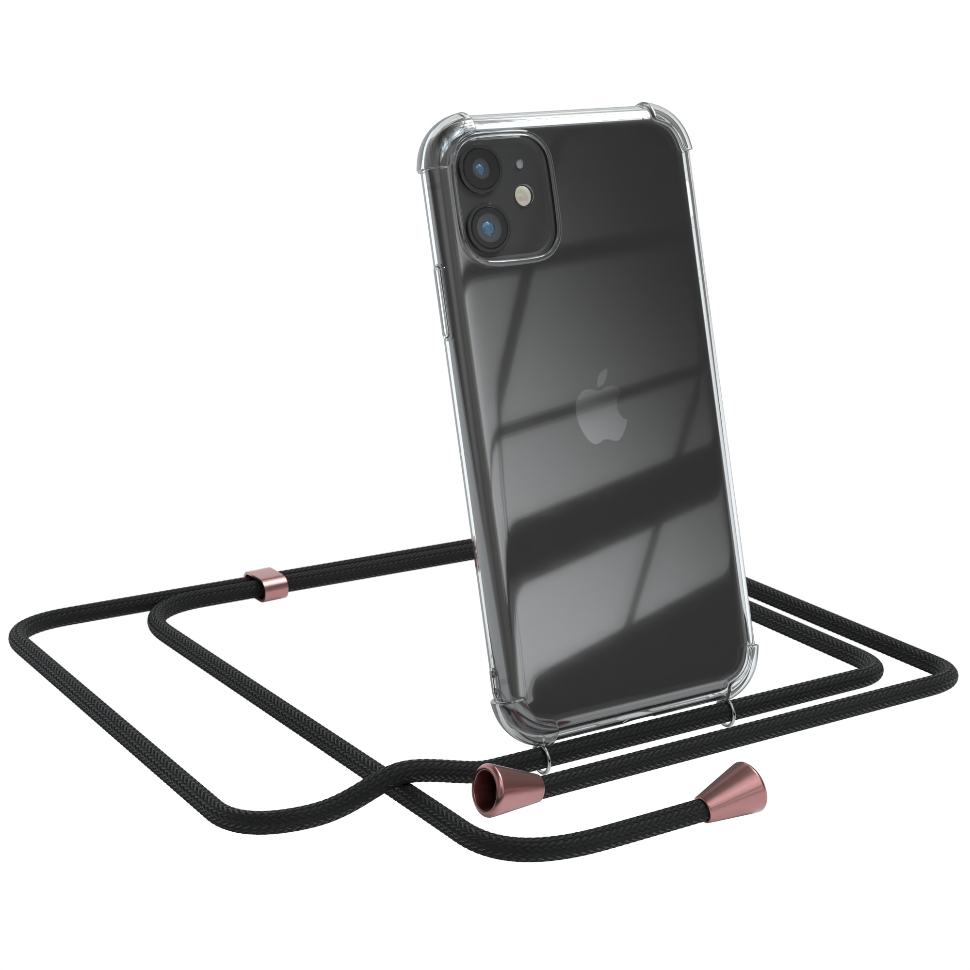 Transparente Handyhülle mit schwarzem Band. Apple-Telefon sichtbar. Weißer Hintergrund.