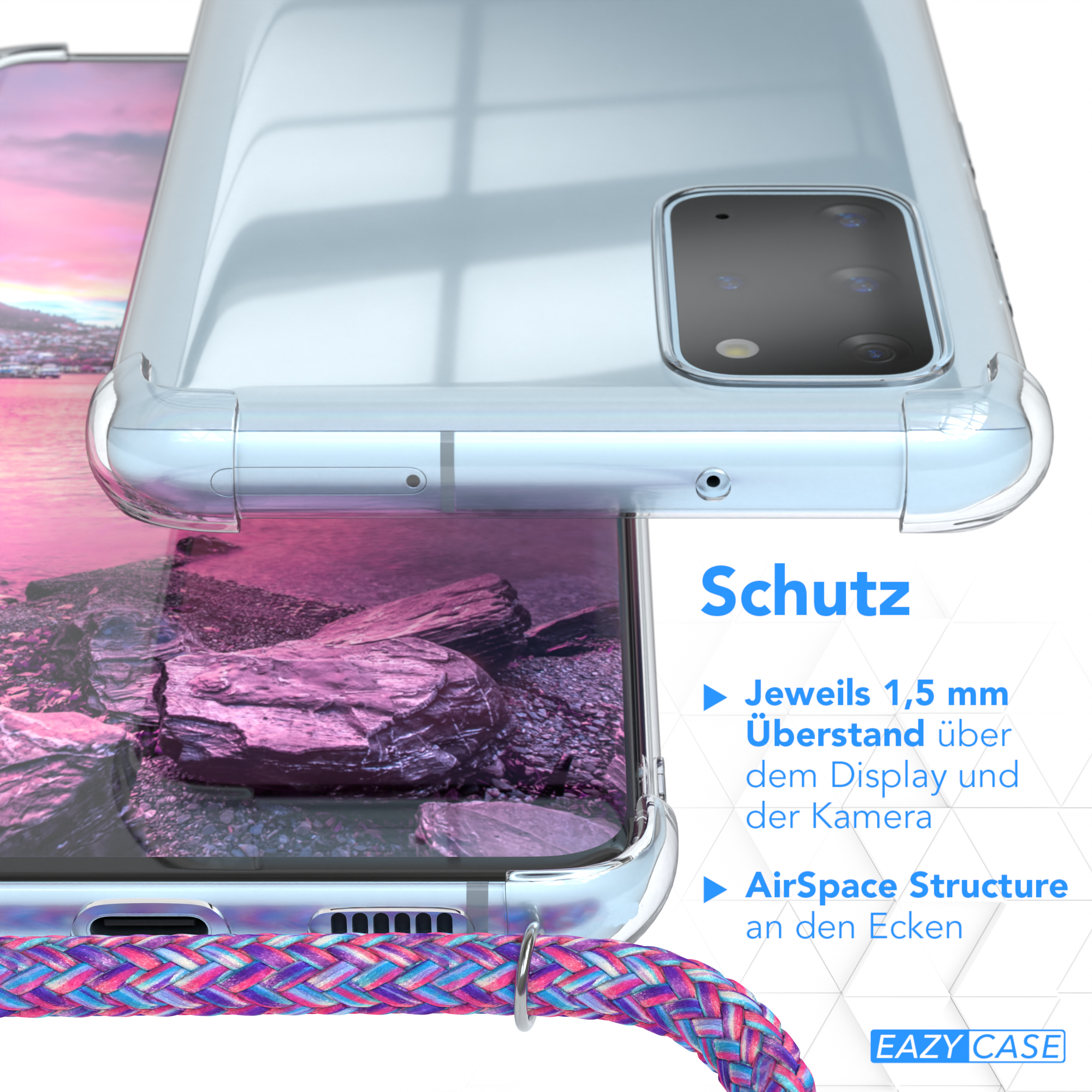Transparente Handyhülle mit mehrfarbigem Kabel. Text erwähnt Schutzfunktionen.