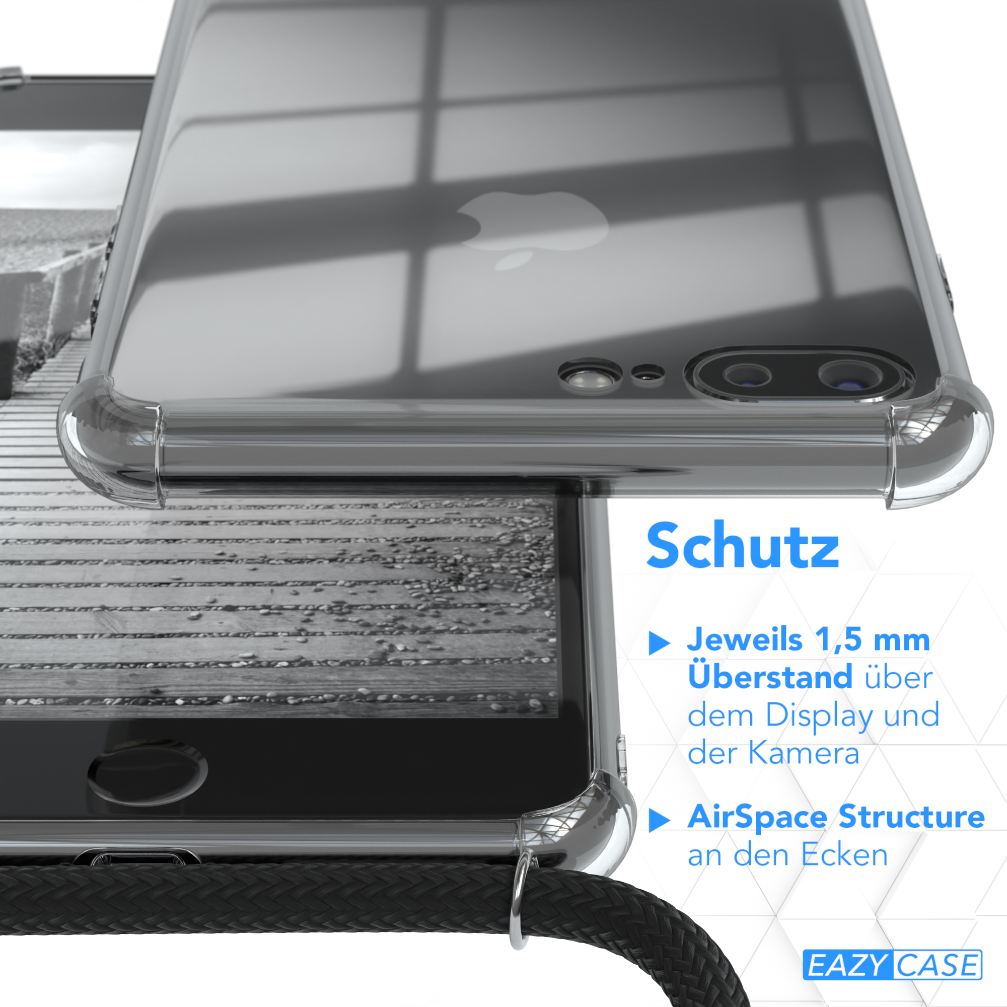 Eine transparente Handyhülle mit Text. Ein schwarzes Seil ist befestigt.