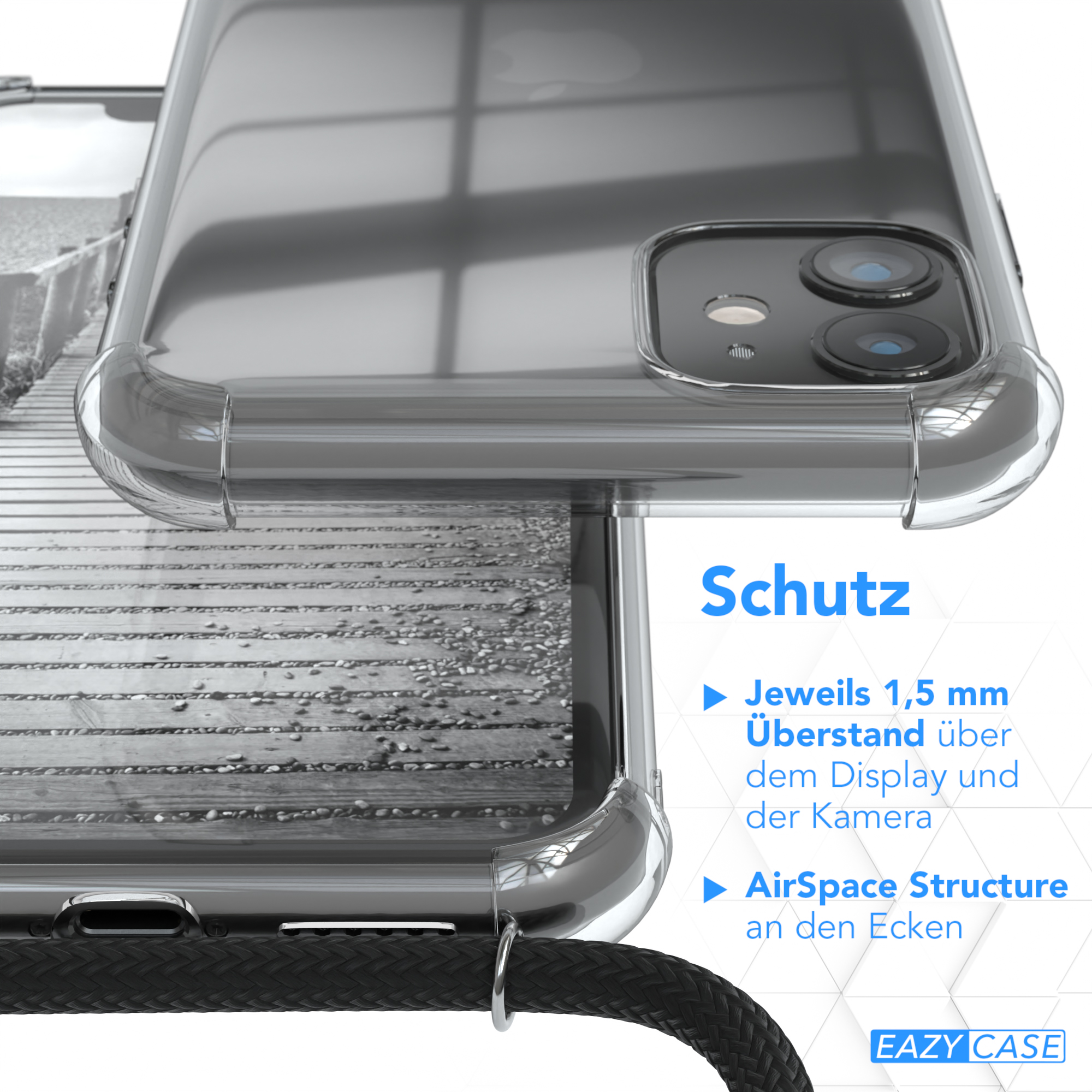 Transparente Handyhülle mit Text. Zeigt Schutzdetails.