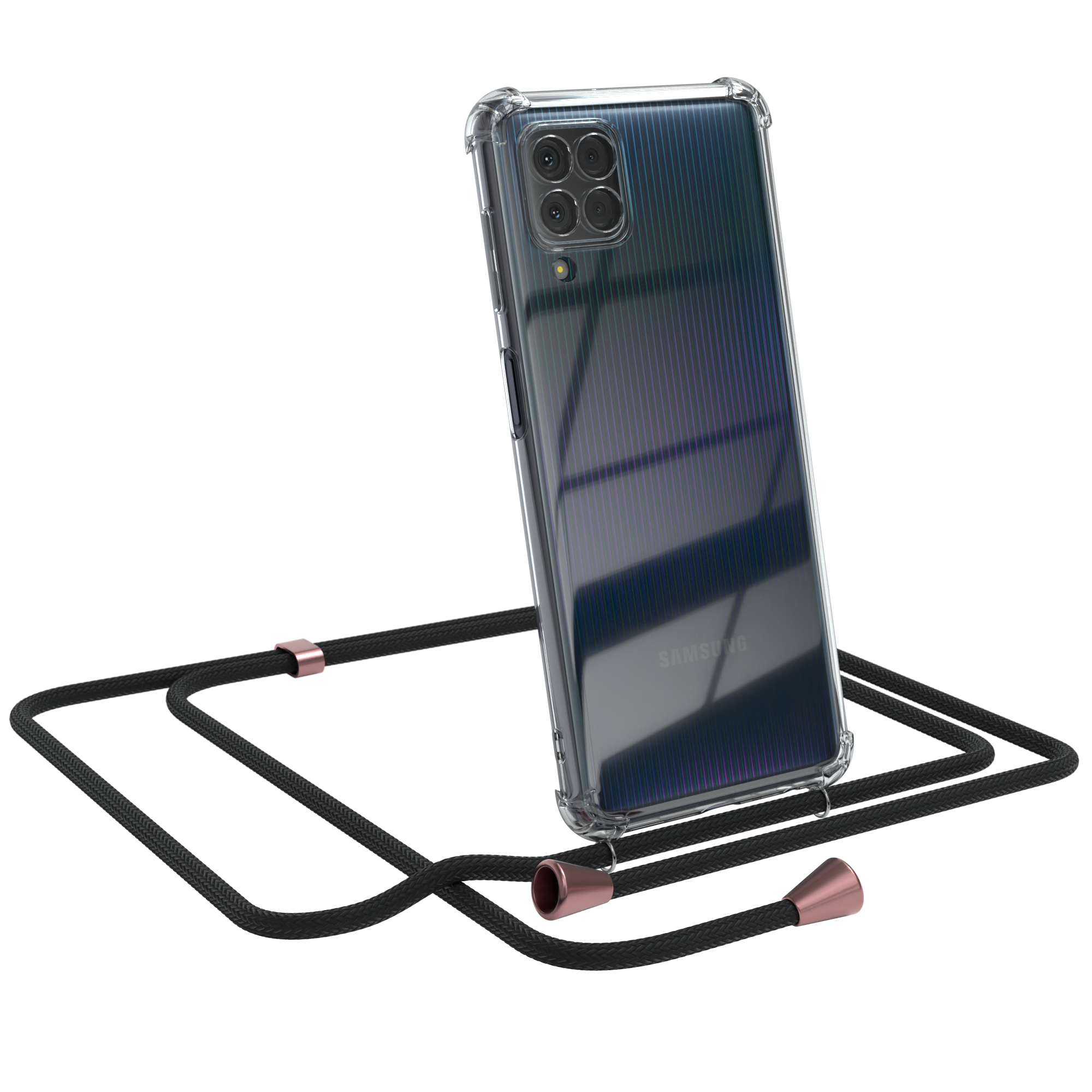 Telefon in klarer Hülle mit schwarzem Umhängeband. Telefon geneigt, Kameras zeigend. Weißer Hintergrund.