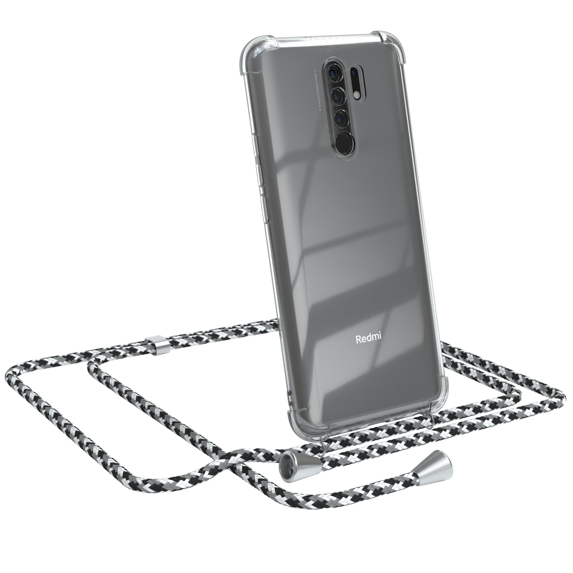 Transparente Handyhülle mit Umhängeband, Redmi-Logo. Weißer Hintergrund.