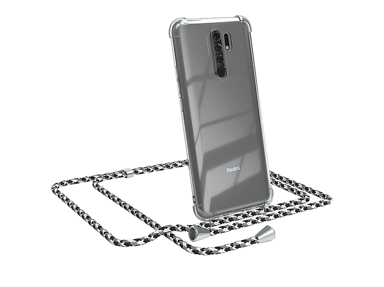 EAZY CASE Clear Cover mit Umhängeband, Umhängetasche, Xiaomi, Redmi 9 / Redmi 9 Prime, Schwarz Camouflage / Clips Silber