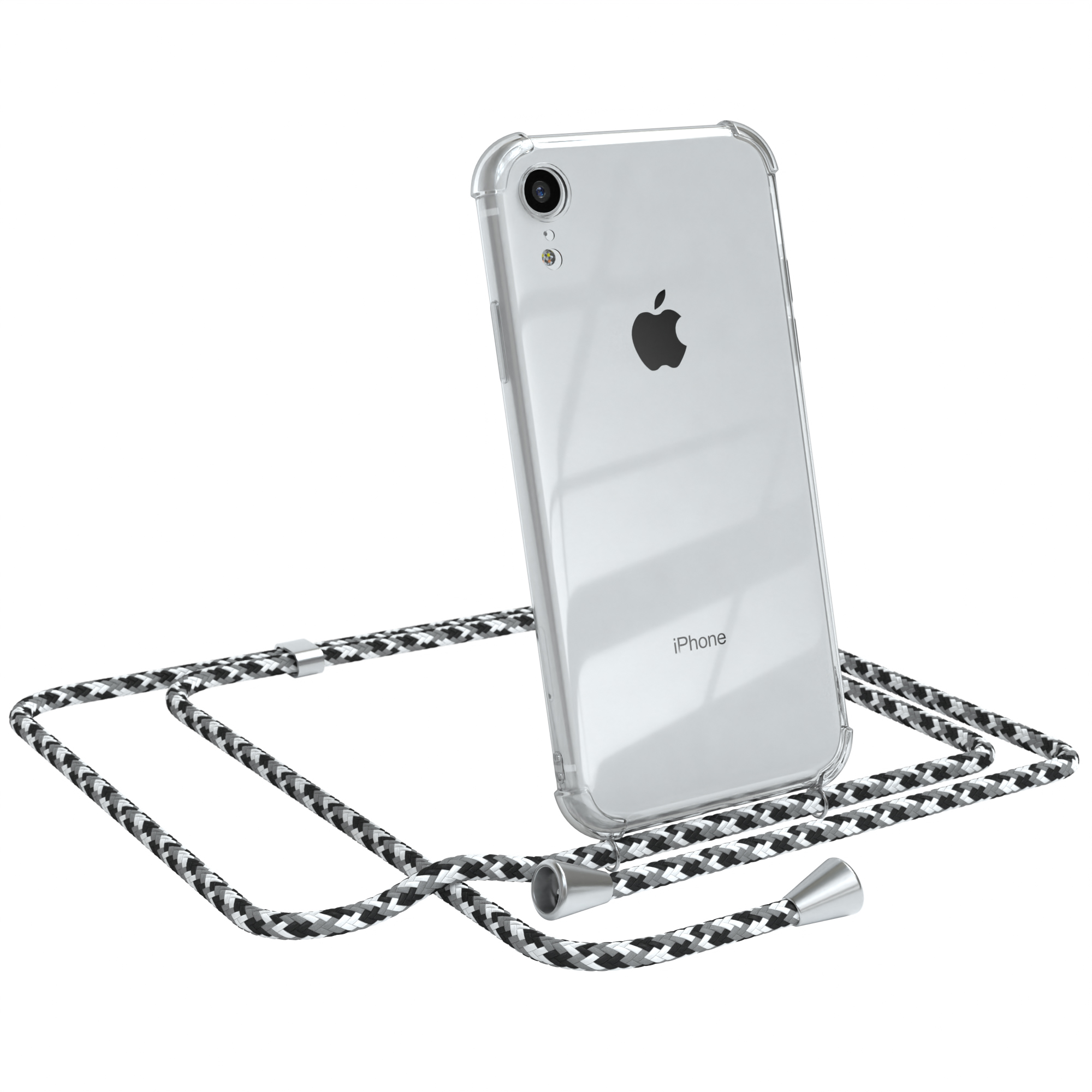 Transparente Handyhülle mit schwarz-weißem Umhängeband. iPhone. Weißer Hintergrund.
