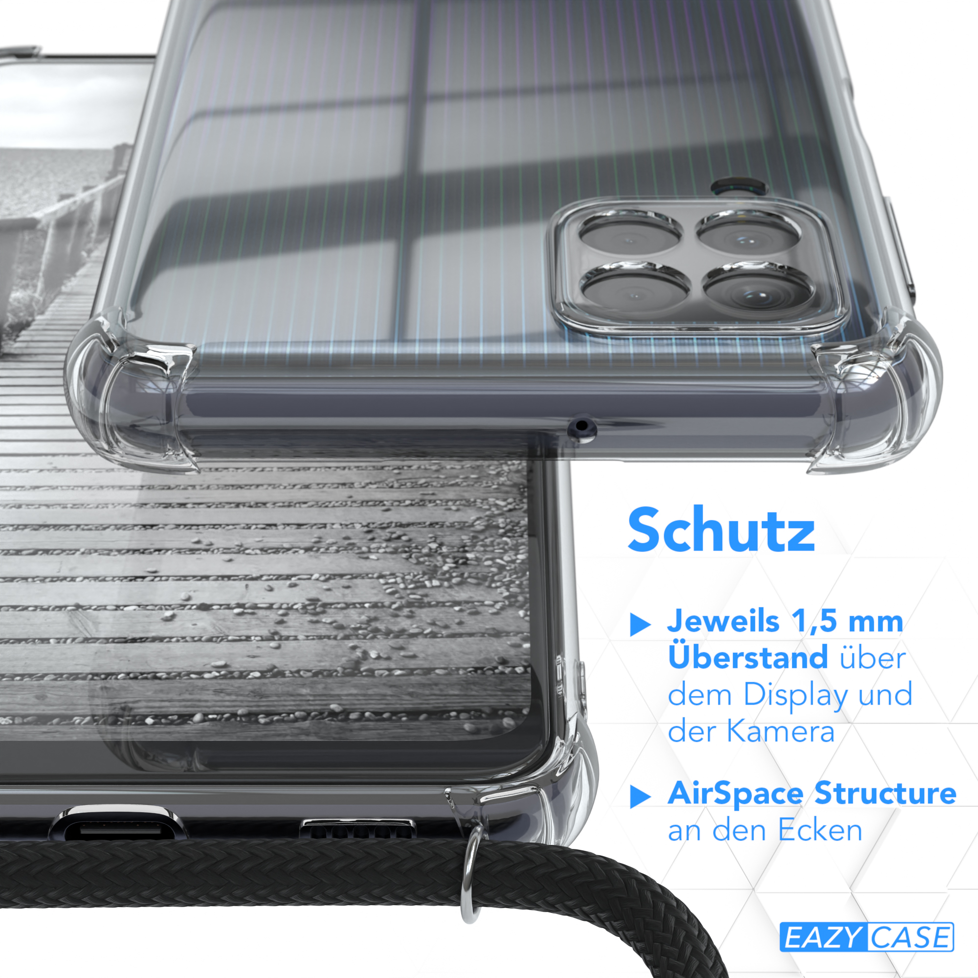 Nahaufnahme der Handyhülle mit Funktionen. Schutzdesign, transparente Hülle und schwarzes Seil gezeigt.