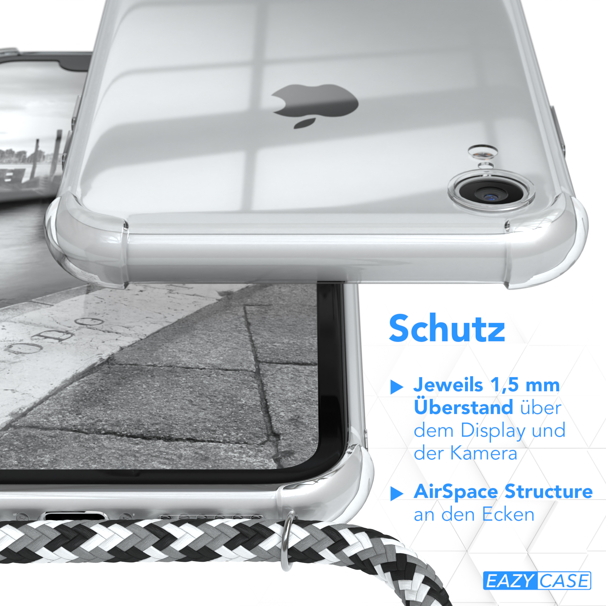 Klare Handyhülle mit schwarz-weißem Seil. Text lautet Schutz. Eazy Case Logo unten.