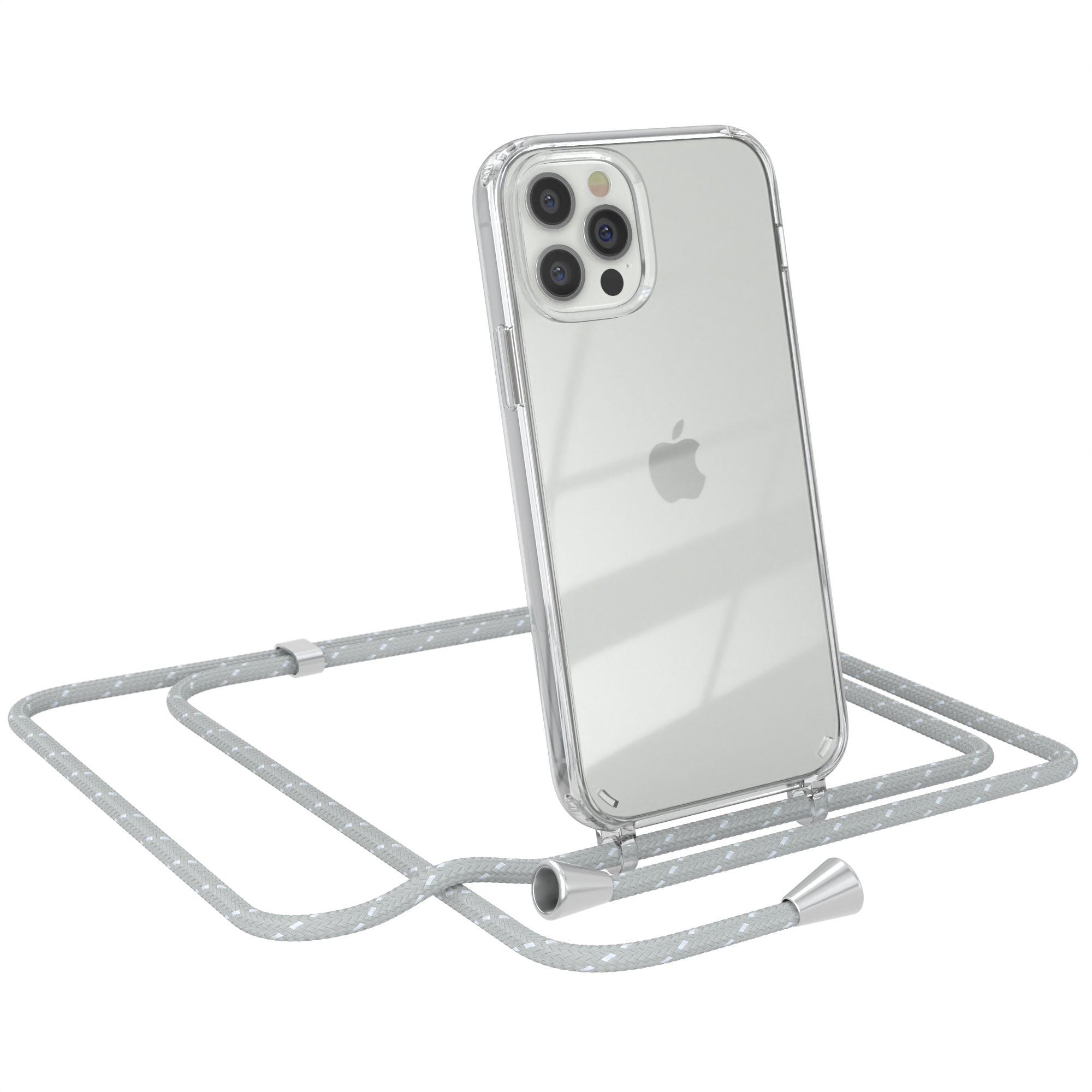 Transparente Handyhülle mit grauem Kordel. Das Telefon ist ein iPhone. Weißer Hintergrund.