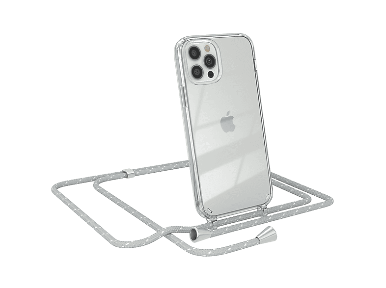 EAZY CASE Clear Cover mit Umhängeband, Umhängetasche, Apple, iPhone 12 / 12 Pro, Hellgrau Weiß