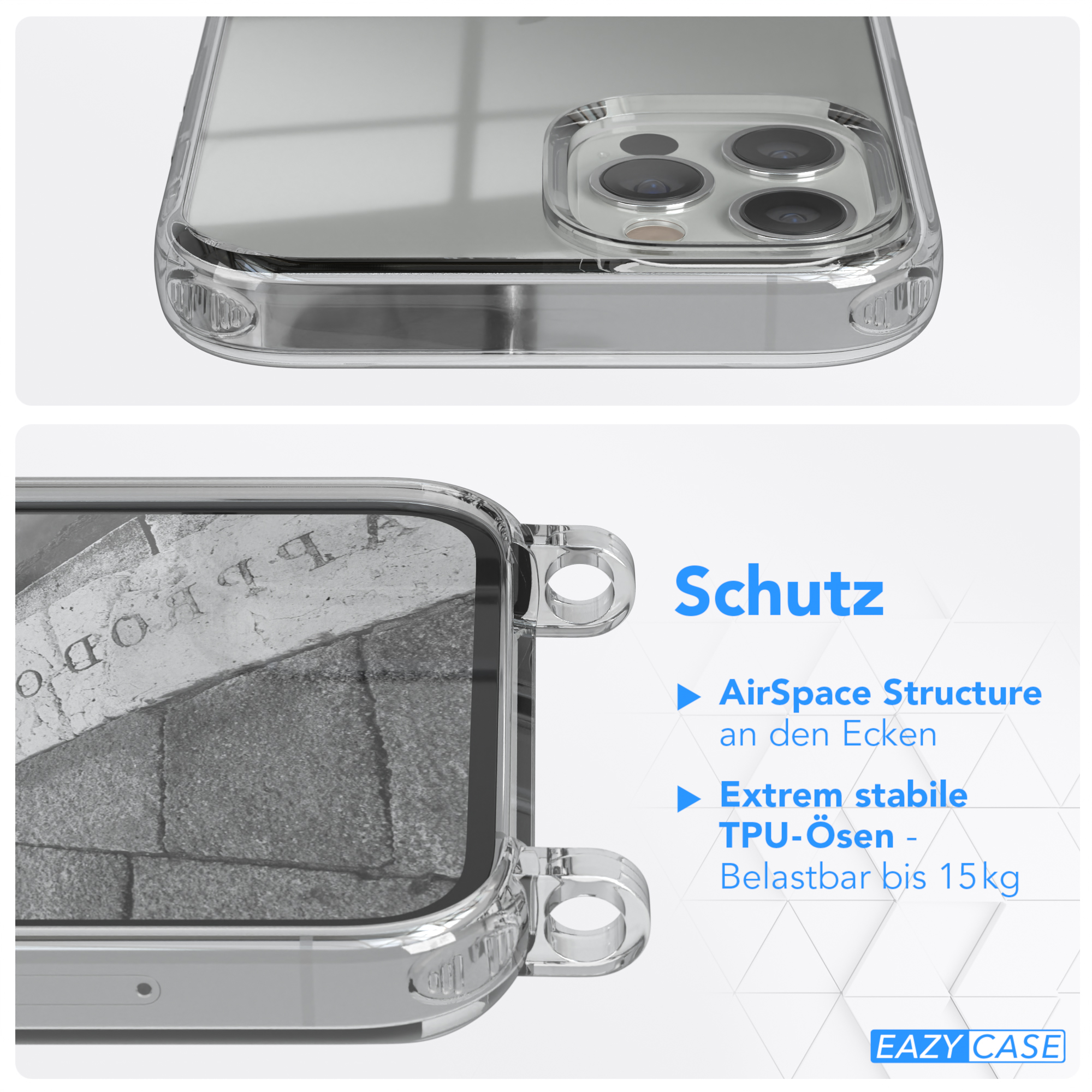 Nahaufnahme einer transparenten Handyhülle mit Telefon. Text erklärt Funktionen wie AirSpace Structure.