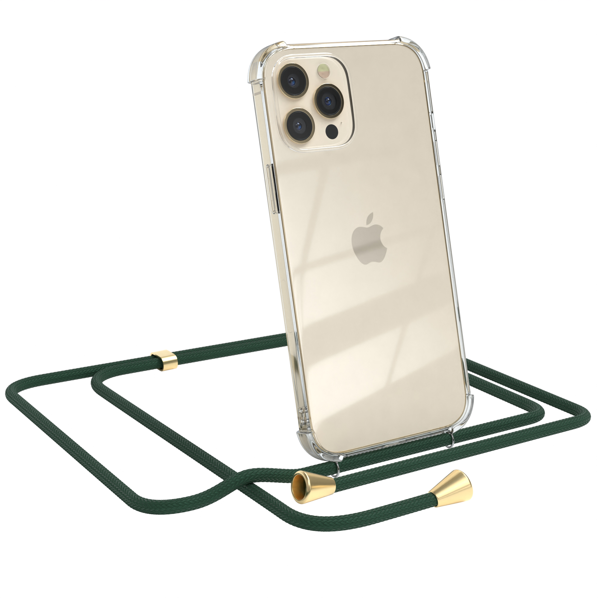 Transparente Handyhülle mit grünem Kabel und goldenen Akzenten. Ein Apple iPhone befindet sich in der Hülle.