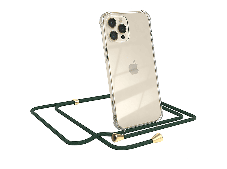 EAZY CASE Clear Cover mit Umhängeband, Umhängetasche, Apple, iPhone 12 Pro Max, Grün / Clips Gold