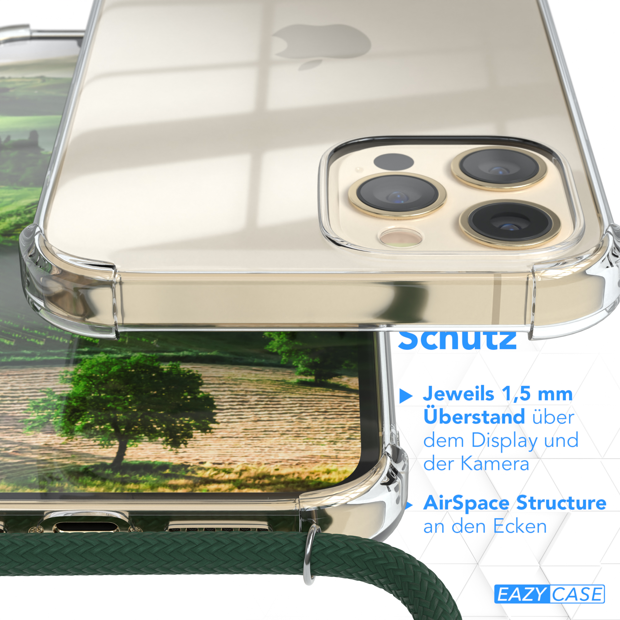 Nahaufnahme einer transparenten Handyhülle mit Telefon. Text erwähnt Funktionen wie 1,5 mm Überstand.