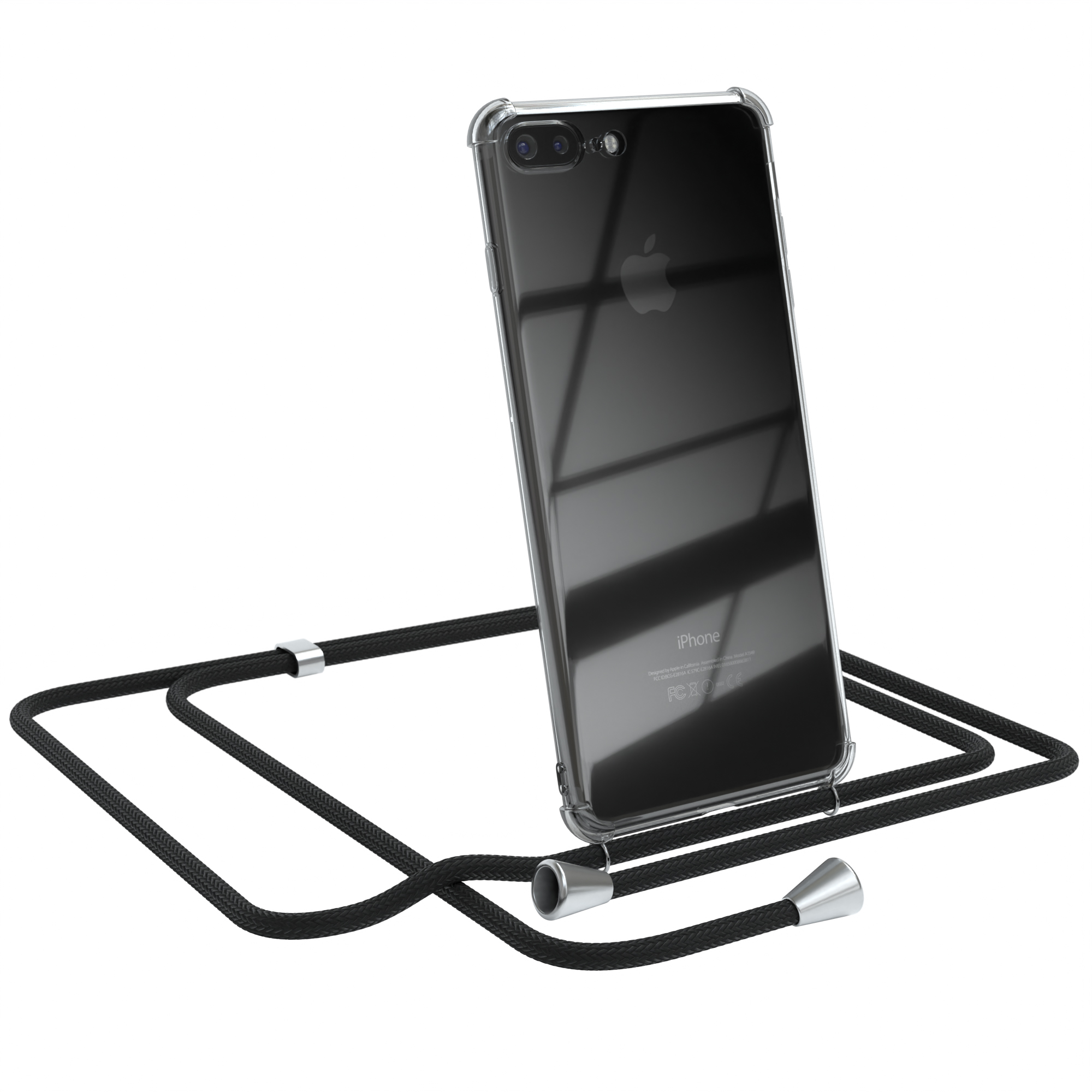 iPhone in klarer Hülle mit schwarzem Lanyard. Weißer Hintergrund.