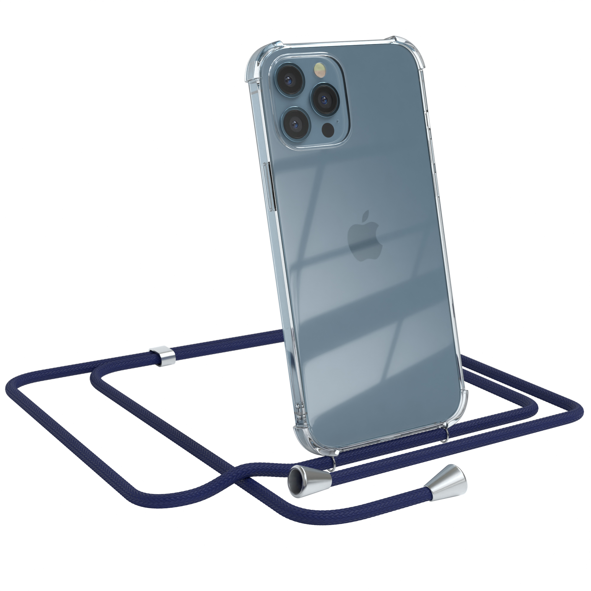 Transparente Handyhülle mit blauer Kordel. Apple-Logo sichtbar. Weißer Hintergrund.