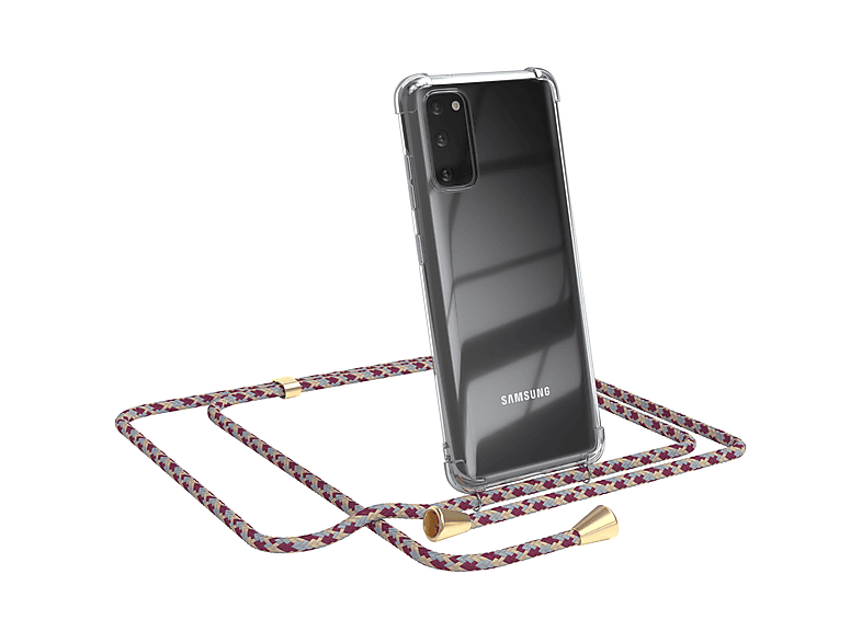 EAZY CASE Clear Cover mit Umhängeband, Umhängetasche, Samsung, Galaxy S20, Rot Beige Camouflage / Clips Gold
