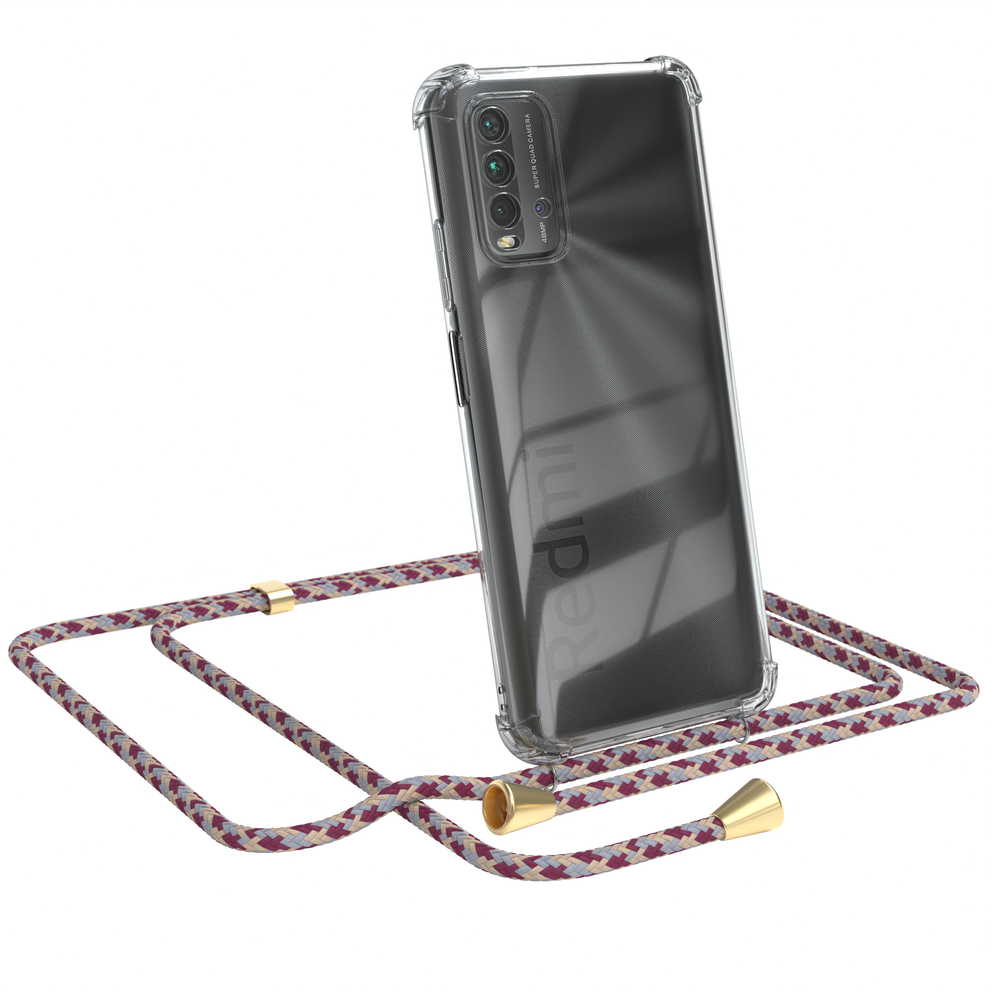 Transparente Handyhülle mit weinrot-grauem Band, Marke Redmi. Weißer Hintergrund.