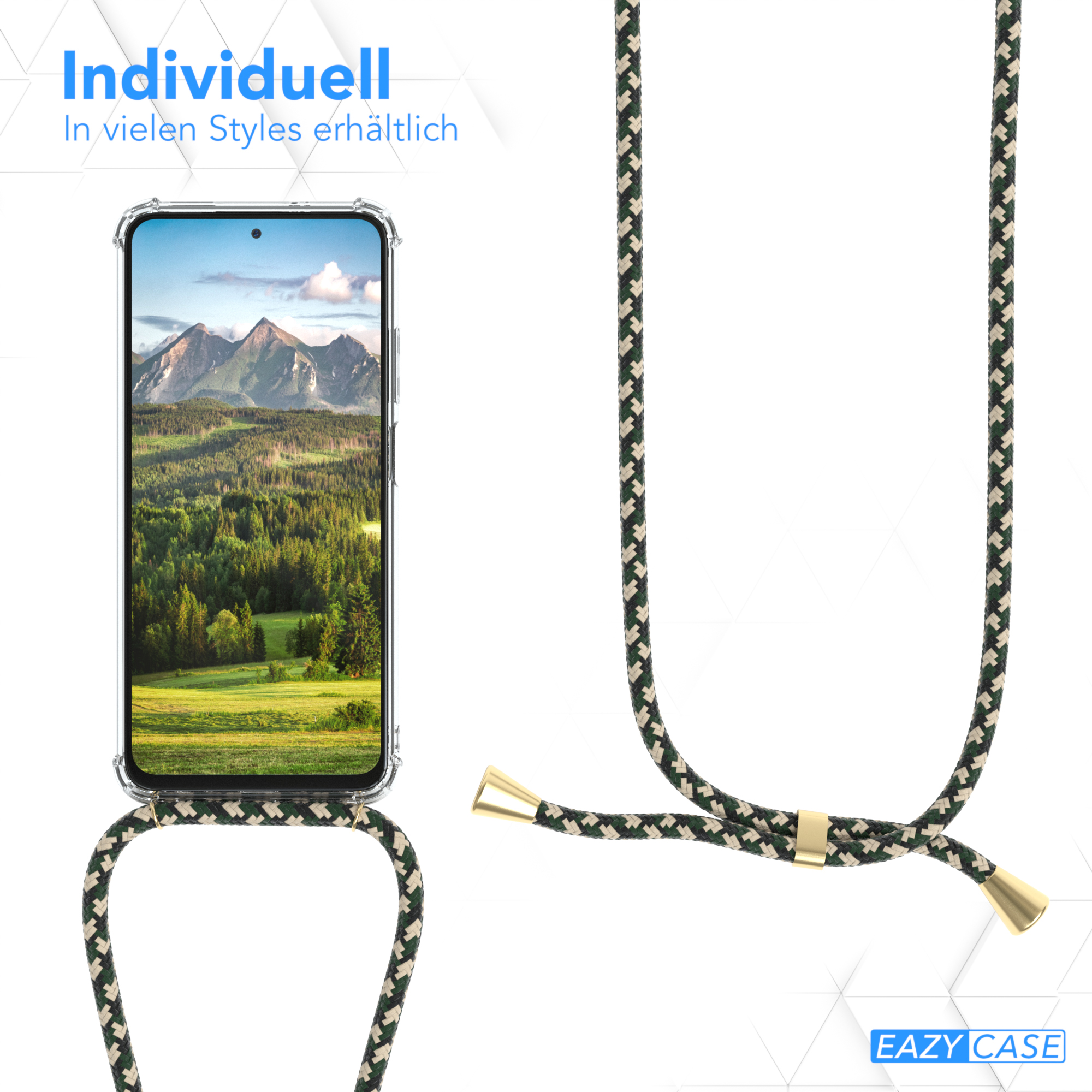 Telefon mit Bergen auf dem Bildschirm, Halsband. Text: Individuell, in vielen Styles erhältlich. Goldakzente.