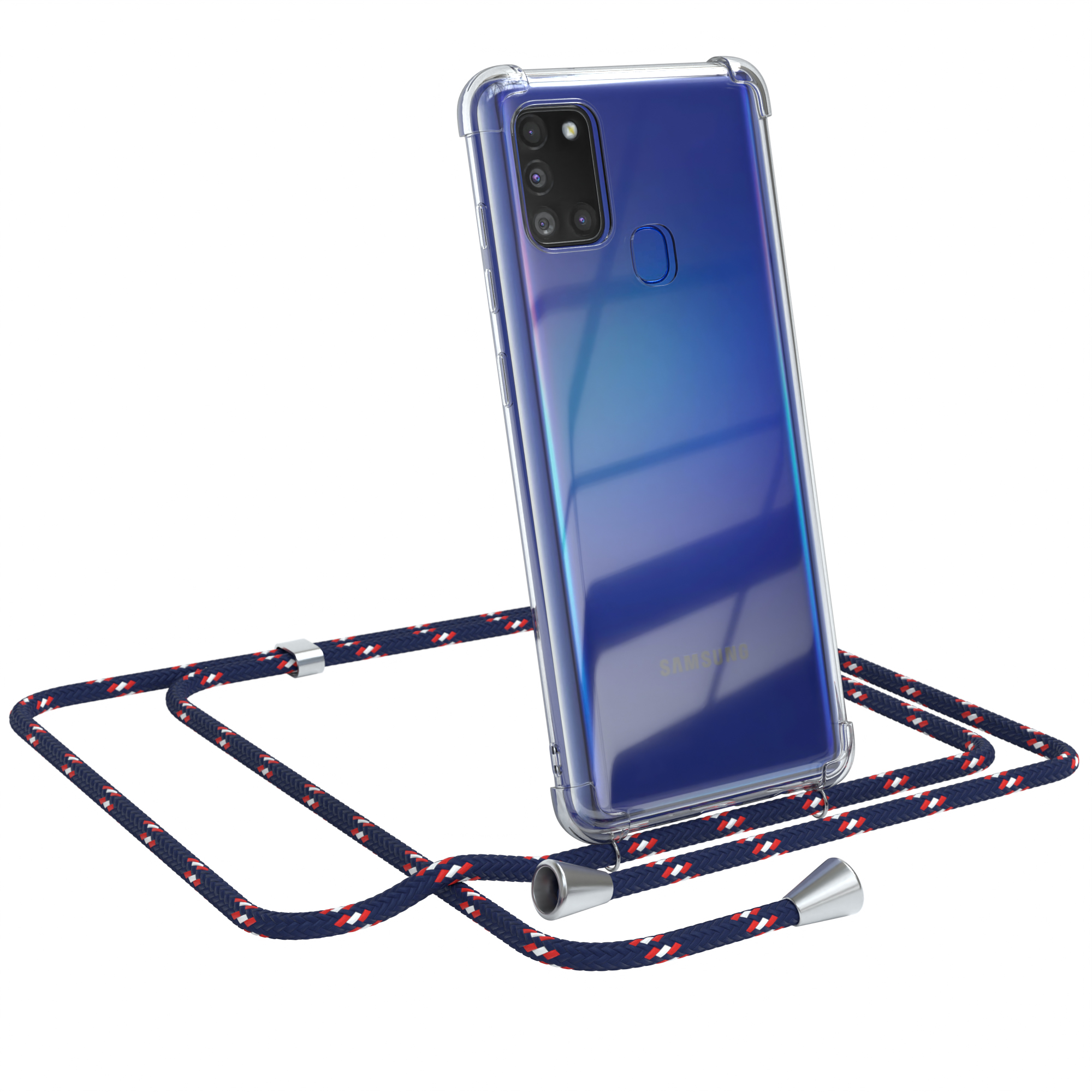 Blaues Telefon in klarer Hülle mit marineblauem Lanyard.