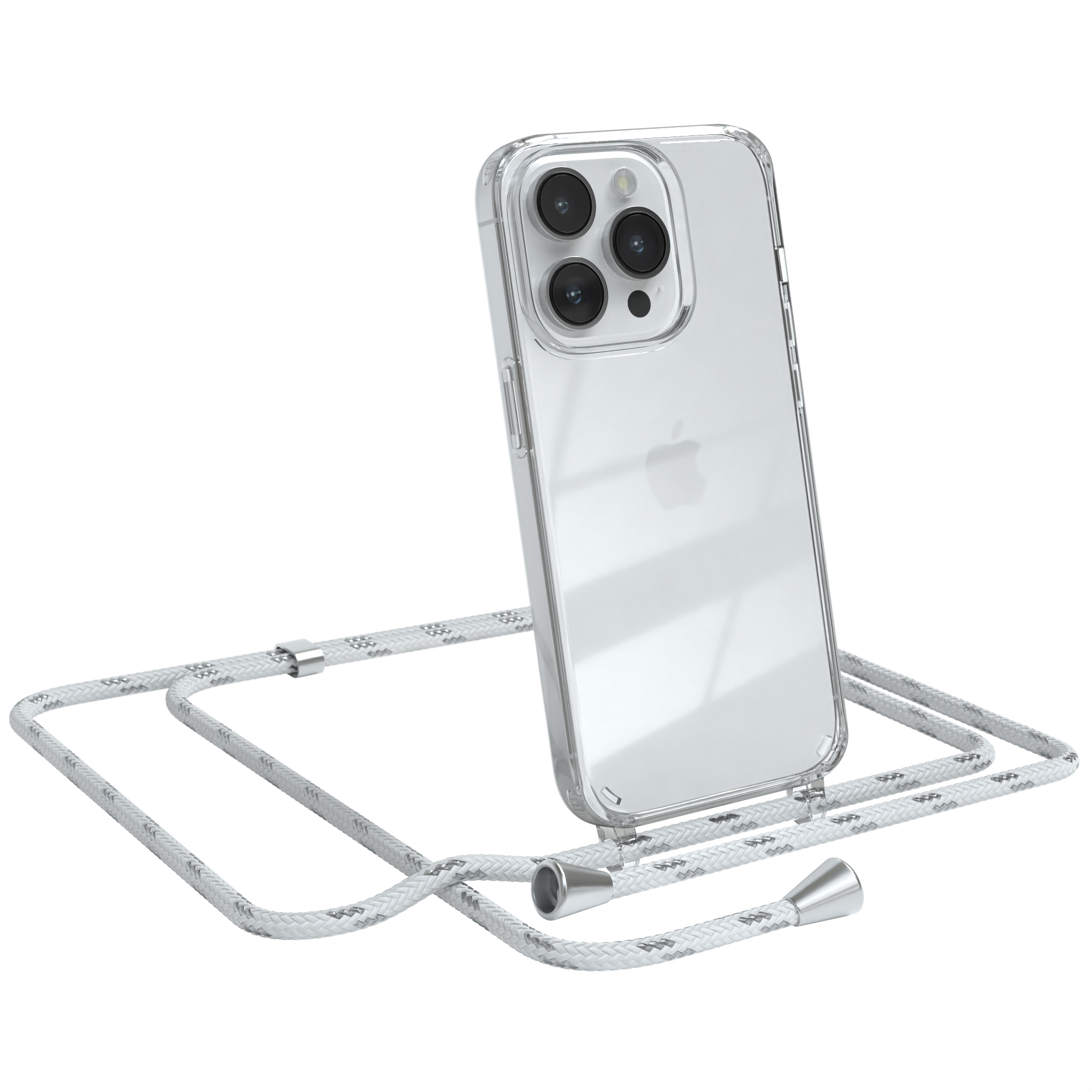 iPhone CASE Cover Clear / mit Weiß 14 Umhängeband, Apple, EAZY Clips Silber Pro, Umhängetasche,