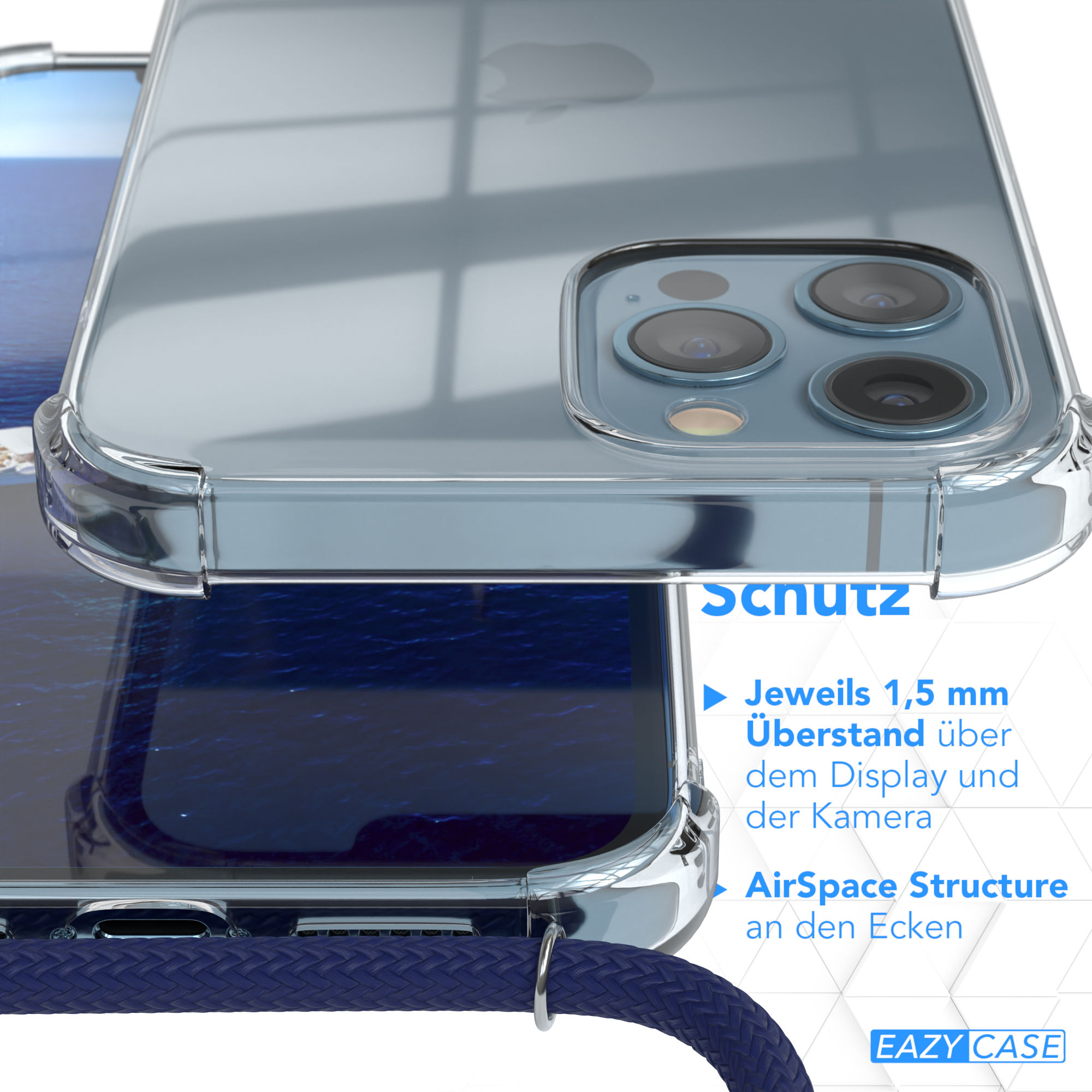 Nahaufnahme einer Handyhülle mit Details zu ihren Schutzfunktionen.