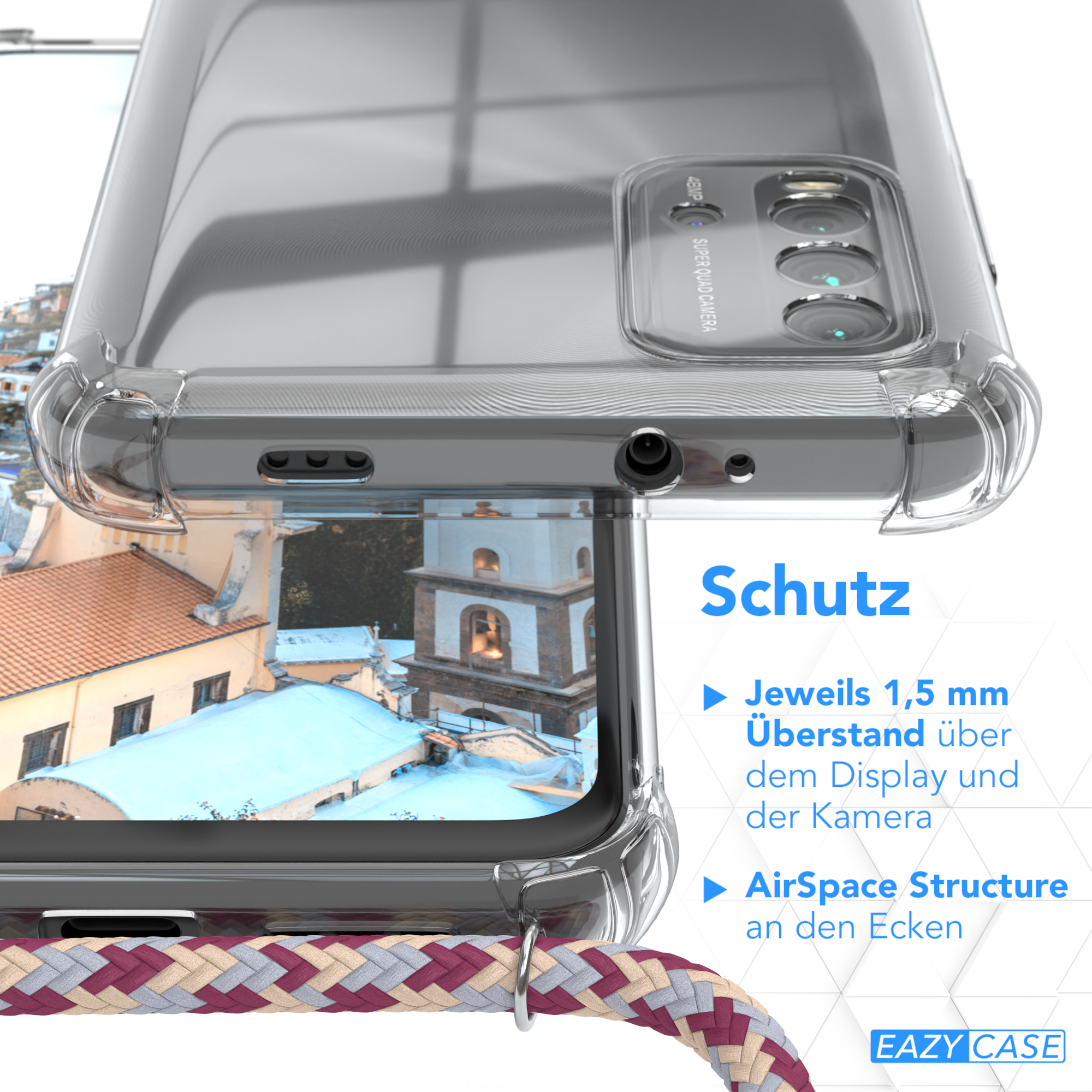 Nahaufnahme einer durchsichtigen Handyhülle mit Gebäudeszene; Text über Schutz.
