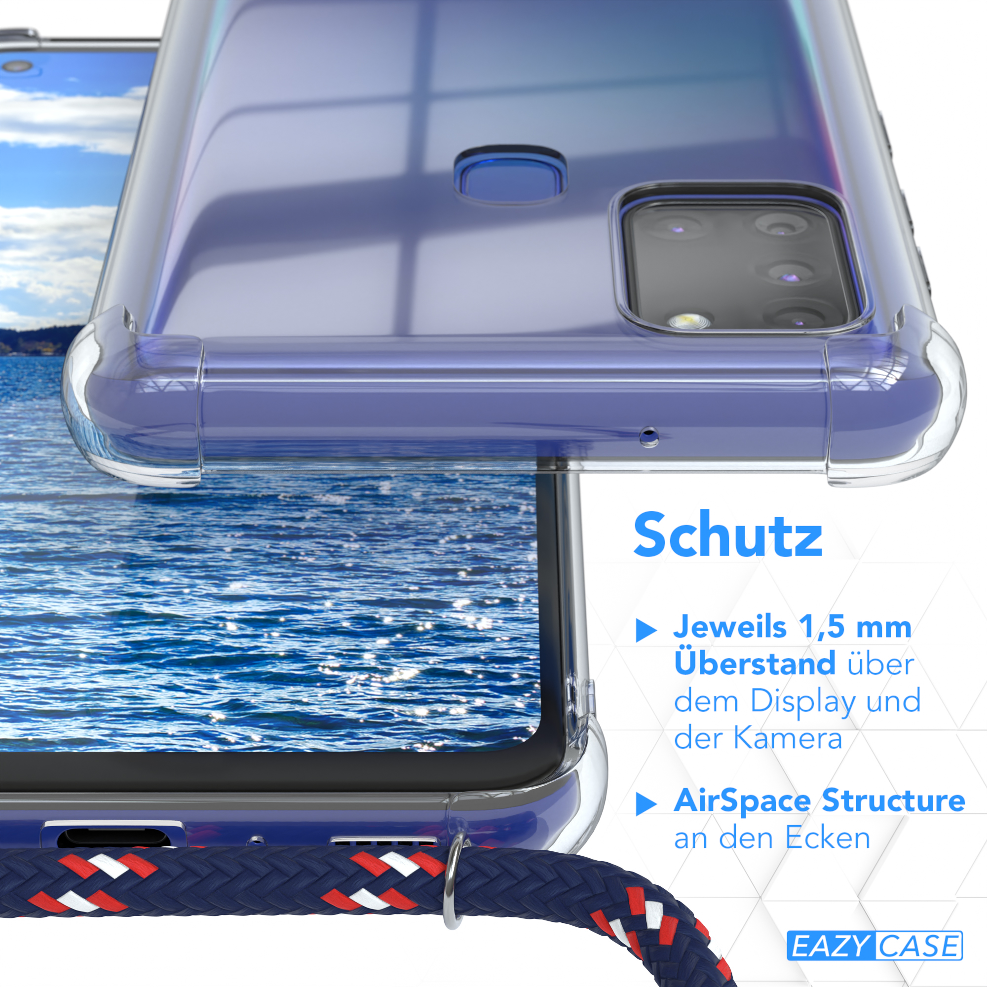 Nahaufnahme einer Handyhülle mit Text über Schutzfunktionen wie Display- und Eckenschutz.