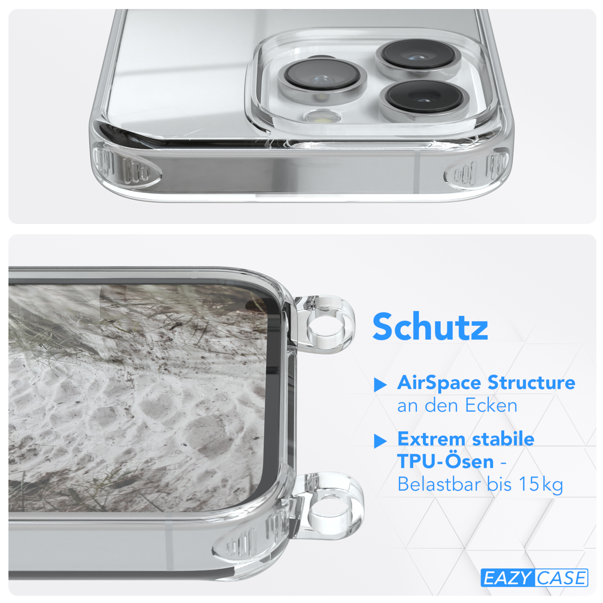 iPhone CASE Cover Clear / mit Weiß 14 Umhängeband, Apple, EAZY Clips Silber Pro, Umhängetasche,
