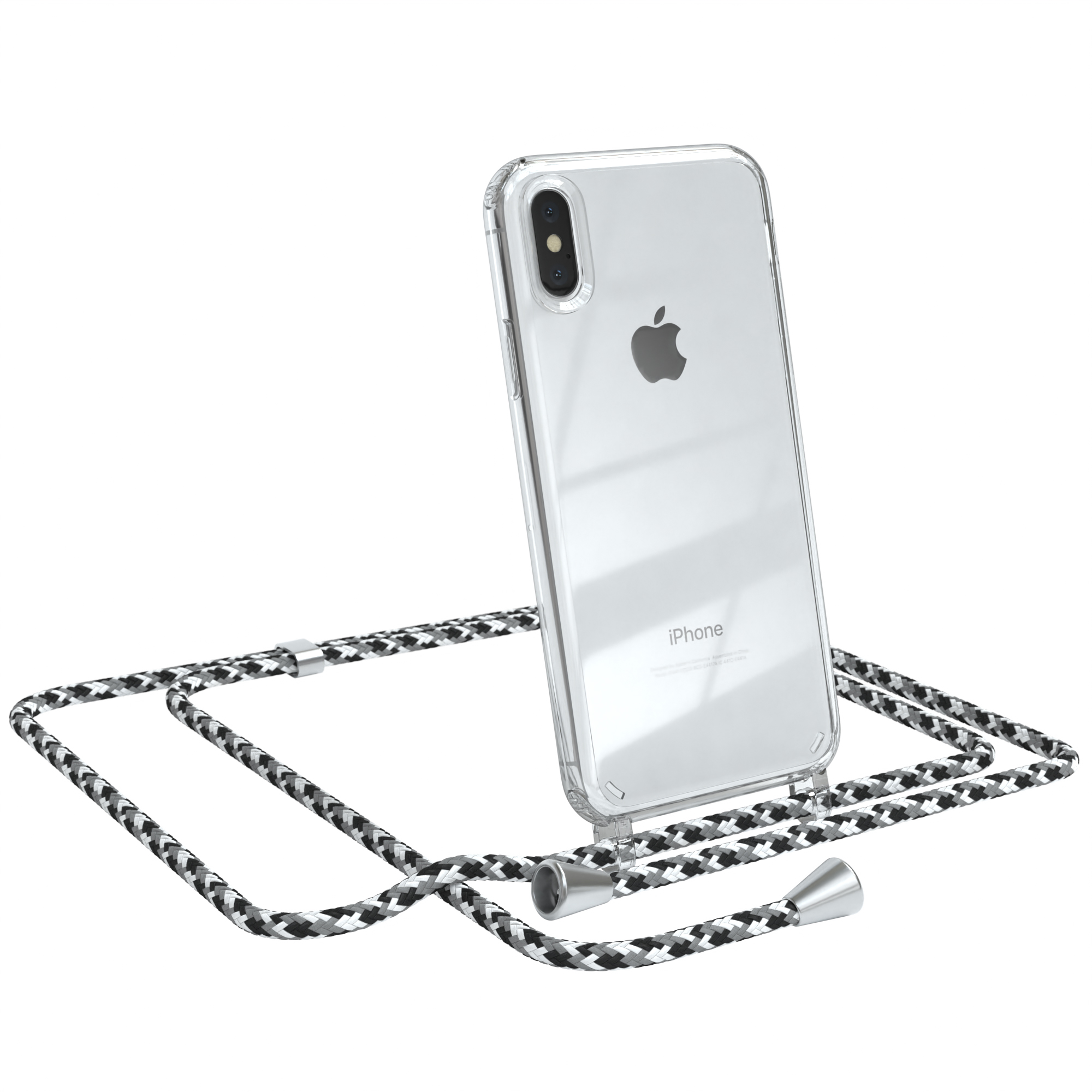 iPhone in einer transparenten Hülle mit einem schwarz-weißen Schlüsselband. Auf weißem Hintergrund.