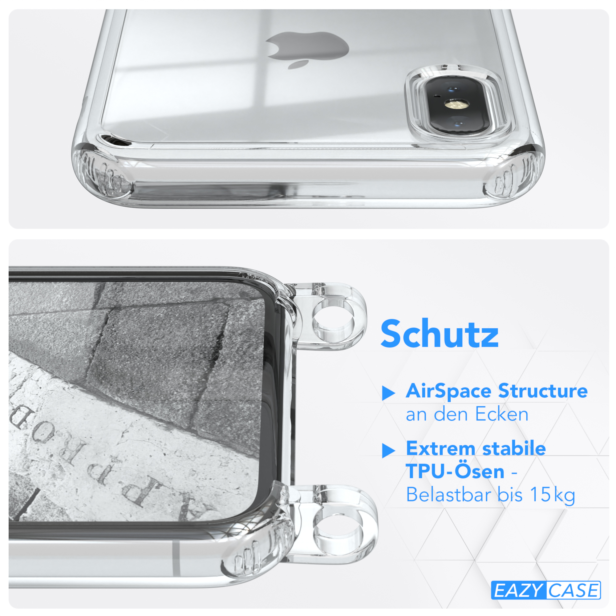 Nahaufnahme der Handyhülle. Zeigt Schutzfunktionen und das Design des Gehäuses. Der Hintergrund ist Stein.